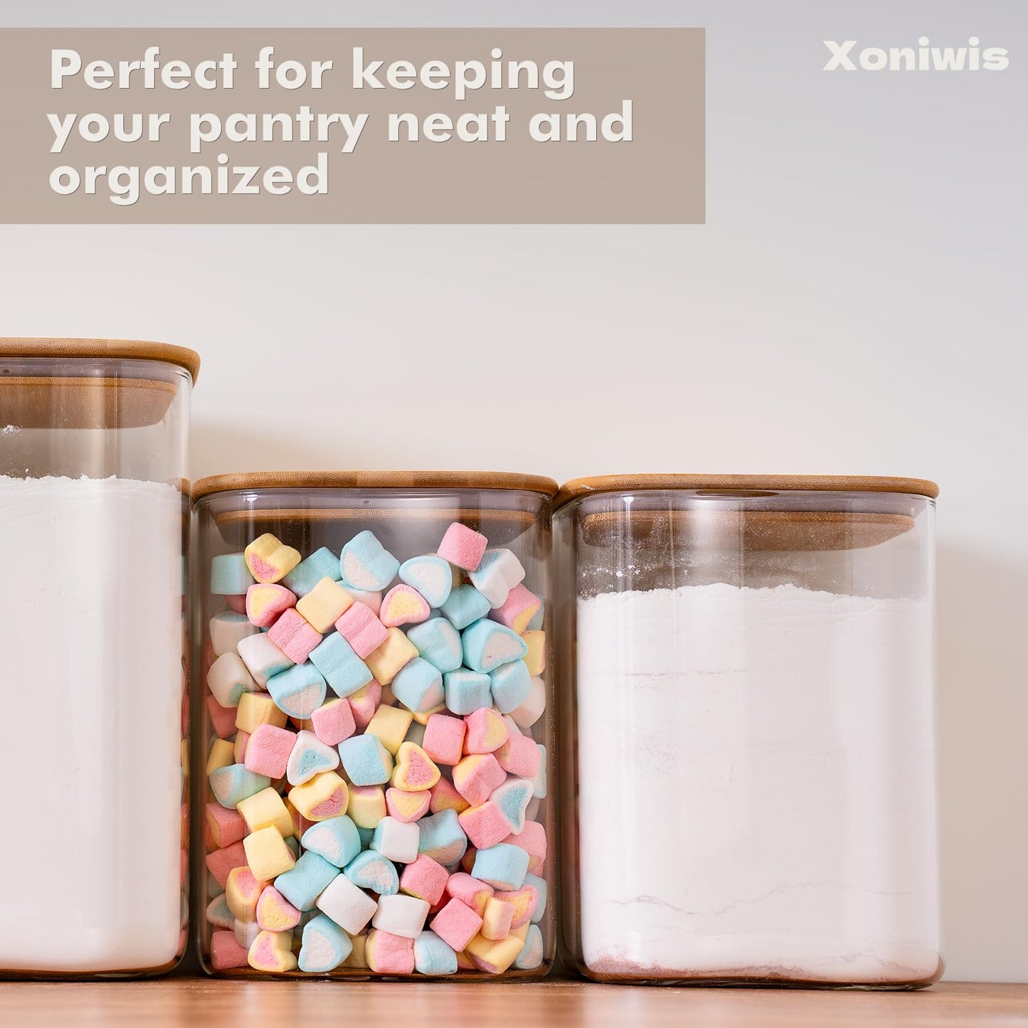 Xoniwis 2-Pack 4.6Qt Large Glass Flour Sugar Storage Containers with Bamboo Lids, Wide-Mouth Food Jars with Measuring Cups for Baking, Gallon Glass Storage Pantry Jars for Sugar, Flour, Rice, Oats