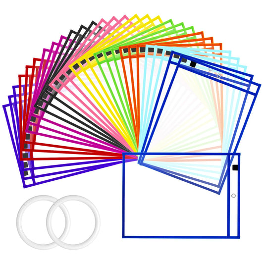 EEHZTSI 50 Packs Dry Erase Pocket Sleeves, Reusable Clear Plastic Classroom Sleeves, 10x14 Inch Ticket Holders, for School/Office Organization, Assorted