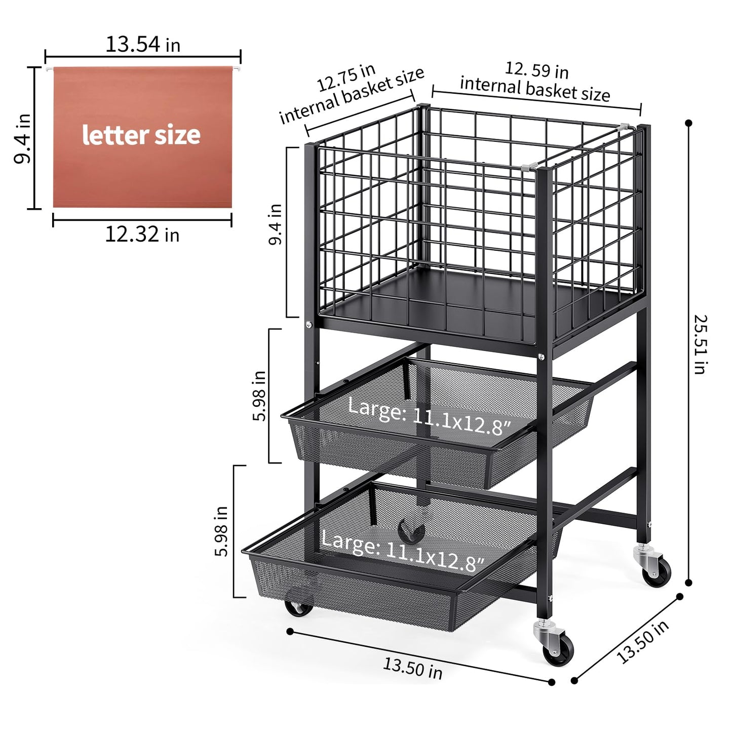 TOOLF Rolling File Cart, 3-Tier Metal File Cabinet with Wheel, Filing Cabinet with 2 Sliding File Trays, Adjustable Hanging File Folder Organizer for Office, Home, Classroom Black