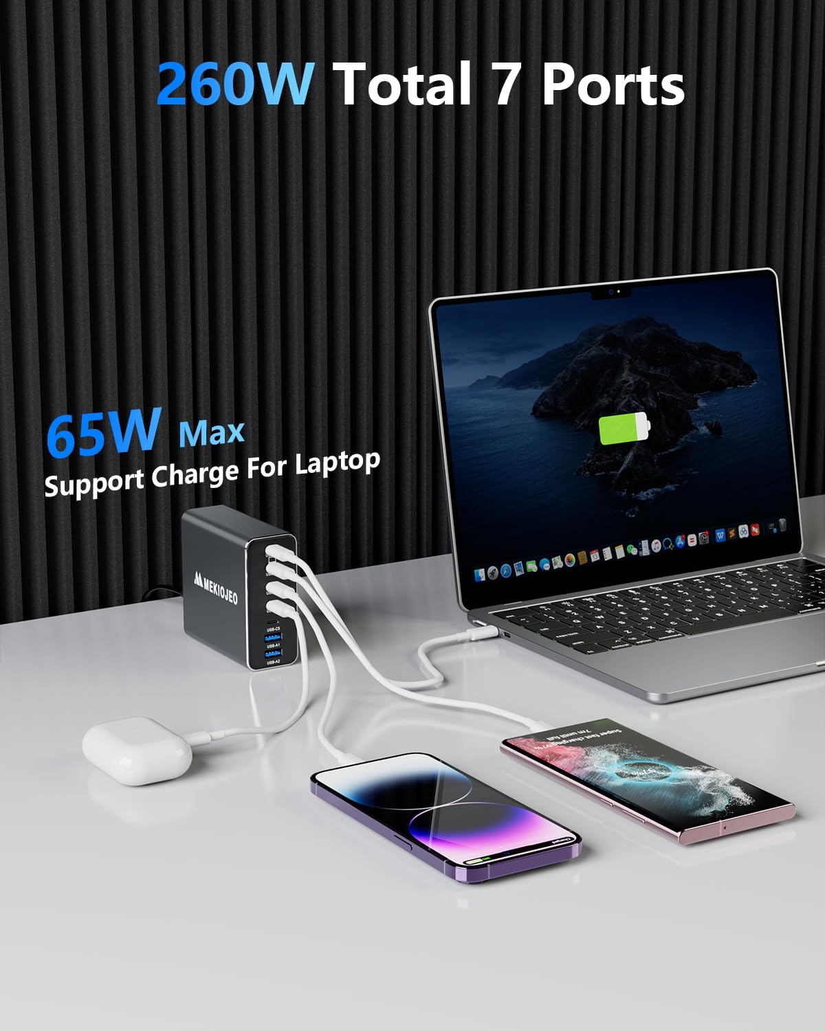 Aluminum Alloy 260W USB C Charger GaN Fast USB C Charging Station 7 Ports 65W Laptop Charger for MacBook Pro/Air/iPad Pro/iPhone (Grey)