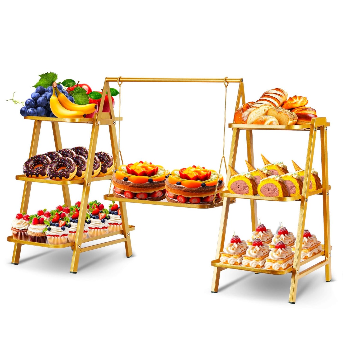 QDXIW Metal 3 Tier Cupcake Stands, Large Capacity Serving Removable Tray Dessert Stands with Swing Design and Anti-slip Base, Food Display for Parties and Events, Wedding, 32.28*15.55*20.47Inch (Gold)