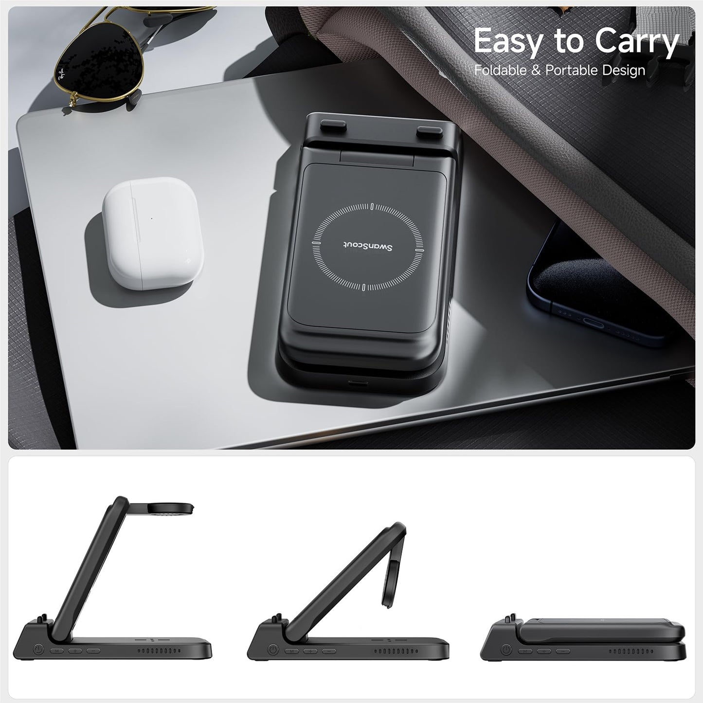 Charging Station for iPhone, SwanScout 703A, Wireless Charger for iPhone 16/15/14/13/12/11 Series, for Apple Watch 10/Ultra 2/9/8/7/6/5/SE, for Airpods Pro 2, Travel Foldable and Portable