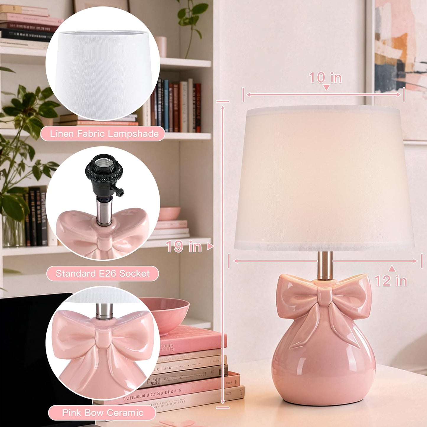 Hapcrea Pink Bow Table Lamp for Girl's Room, 19" Ceramic Cute Lamp for Bedroom, Classic Bedside Lamp for Nightstand, Modern Table Lamp for Living Room with Rotary Swtich (Bulb Included)