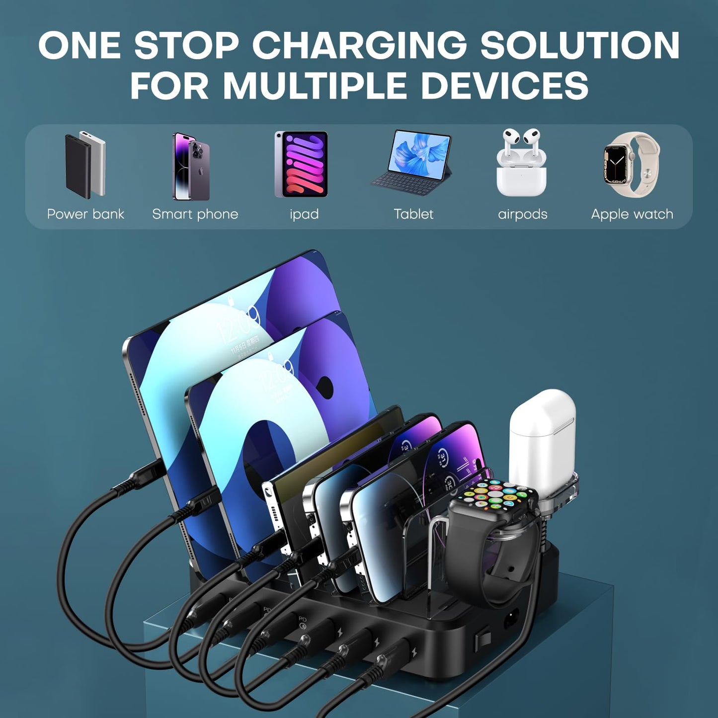 Charging Station for Multiple Devices,75W 6 Port USB C Fast Charger Station with 3 20W PD USB C,7 Charging Cables Included,USB C harging Dock for iPhone 16/15/14/13,iPad,Galaxy Tablets