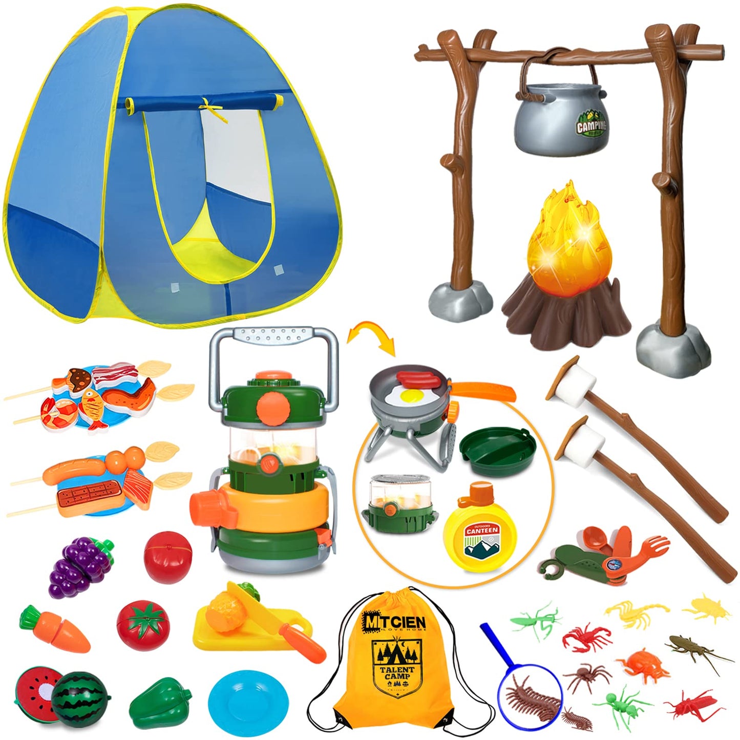 MITCIEN Kids Tent with Campfire Camping Kit for Toddlers Oil Lantern with Sound, Cut Fruits, Marshmallow Skewers, Camping Toys for Boys and Girls