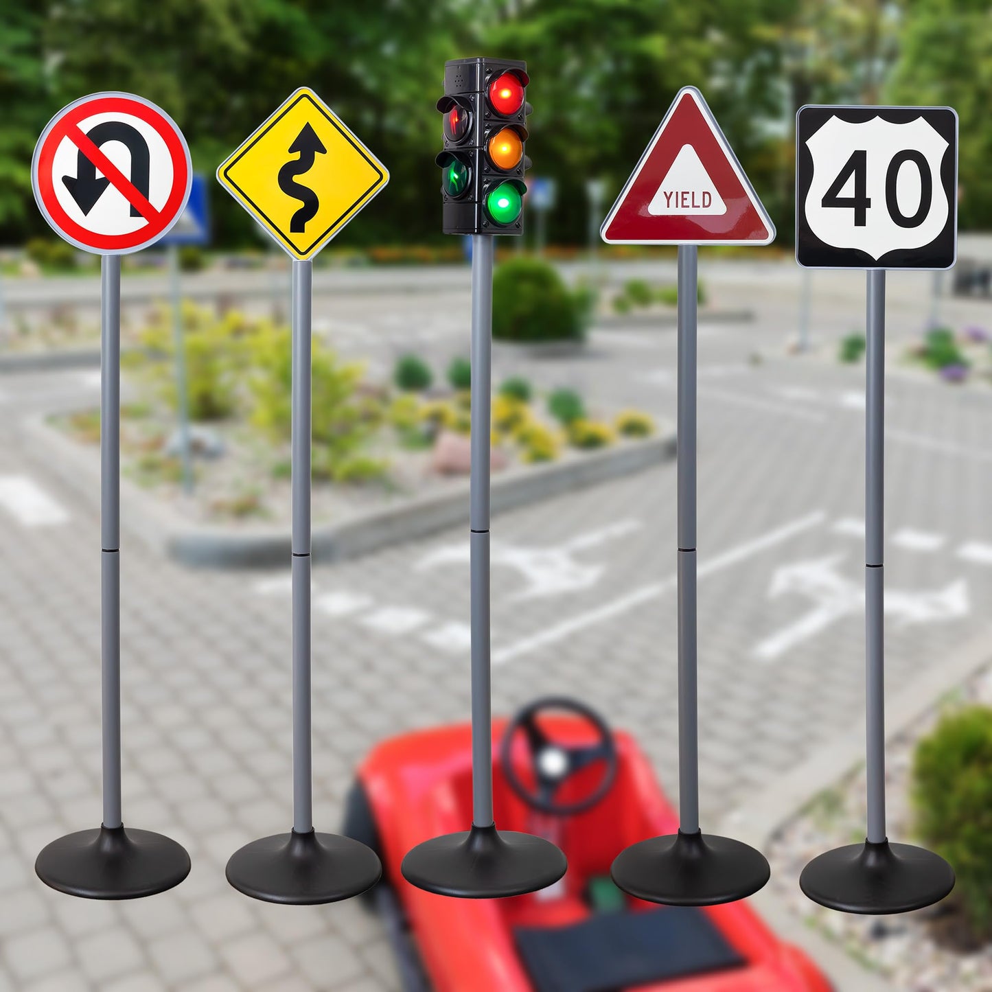 Attatoy Large Traffic Signs Playset (32pc Set), 42in Tall Street Sign and Traffic Light Set for Play with Ride-On Cars and Vehicles