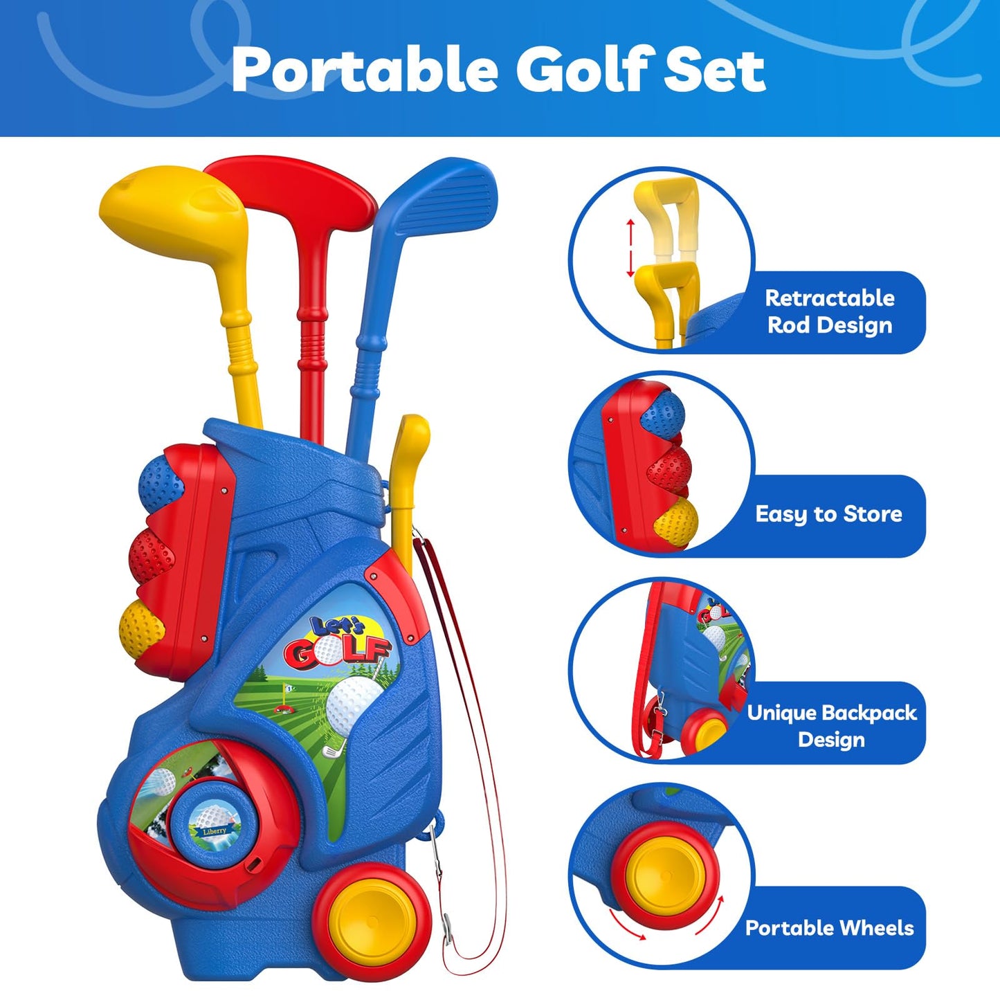 Liberry Toddler Golf Set for 2 3 4 Years Old Boys Girls, Upgraded Kids Golf Cart with Cornhole Board & Putting Mat, Indoor and Outdoor Sports Toys Birthday Gift