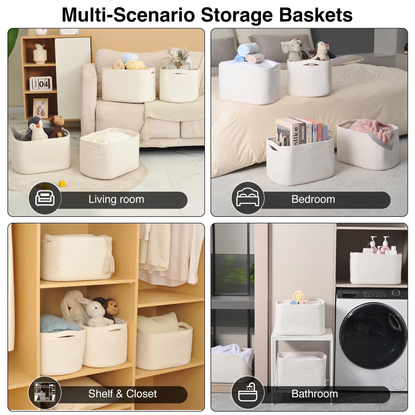 ICERZCZ Storage Baskets for Organizing & Shelves, Woven Cotton Rope Organization Bins for Dog Toys, Clothes, Books, Nursery Organizer, 15" Lx11''Wx9.5''H, (4 Packs) Off White