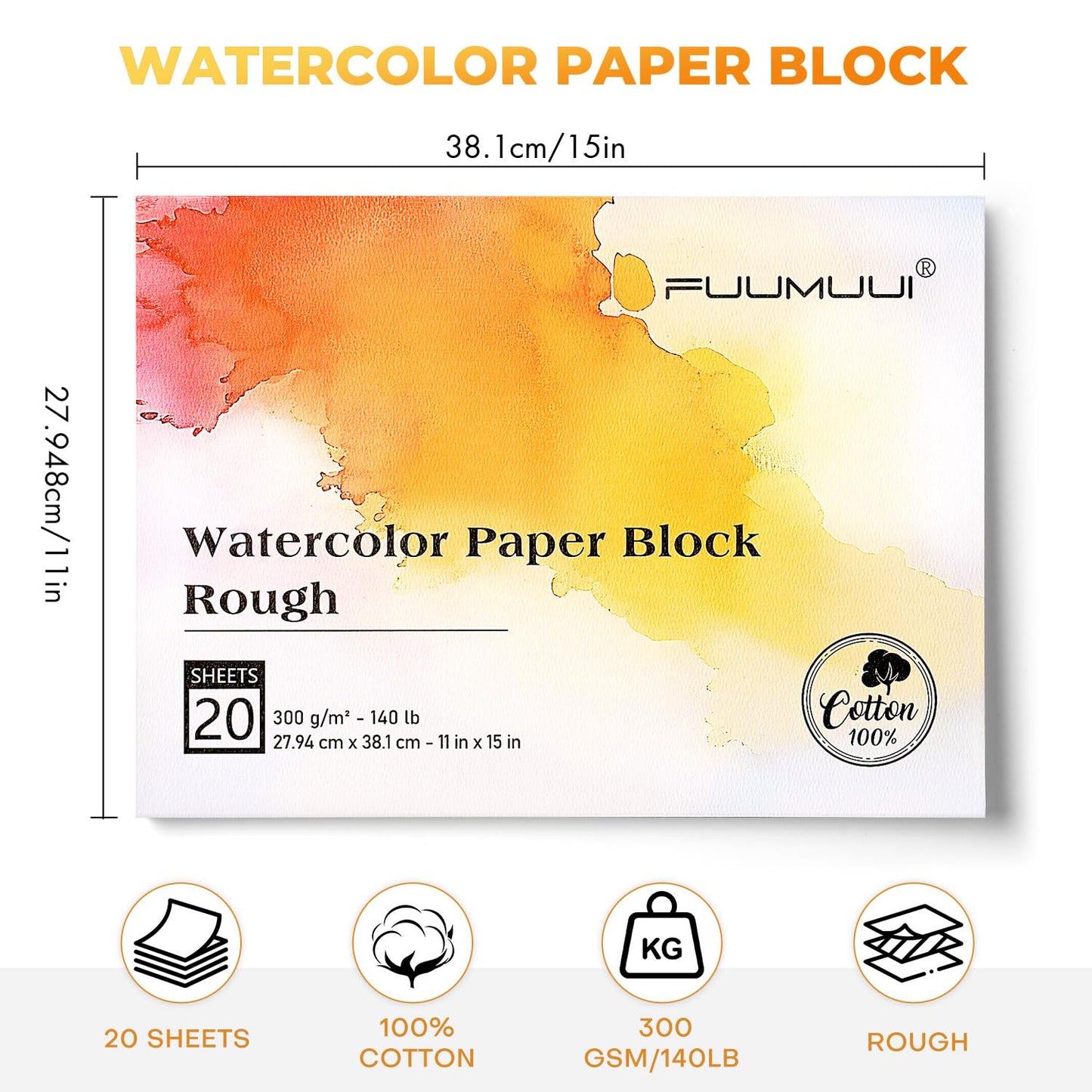 Fuumuui 11×15 Watercolor Paper Block, Textured Rough 100% Cotton Watercolor Paper, 140lb/300gsm, 20 Sheets, Acid-Free, Art Paper for Painting & Drawing, Wet, Mixed Media, Rough Grain