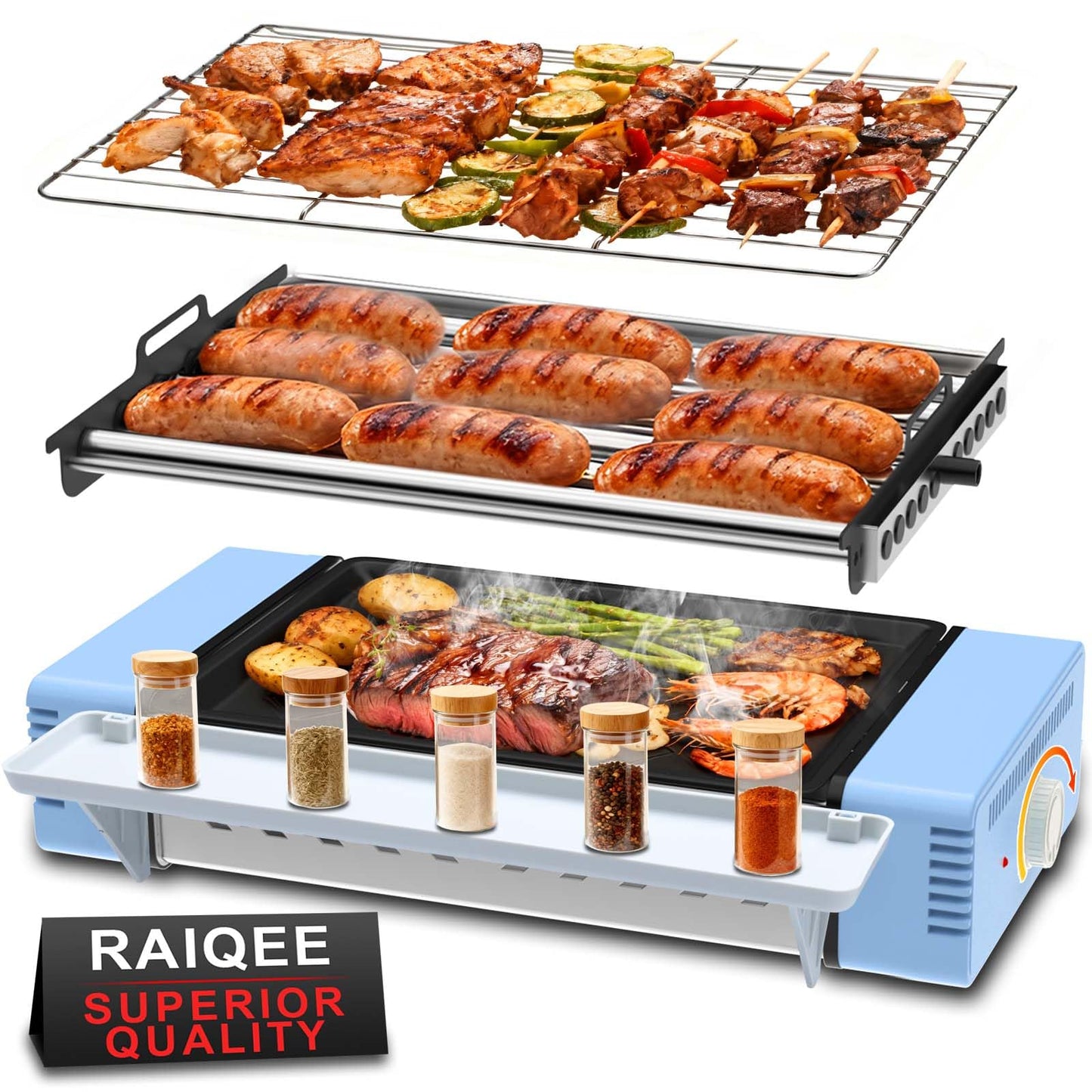 3-in-1 Electric Grill with Hot Dog Roller, Portable Indoor Outdoor BBQ Grill, Griddle and Sausage Roller Machine with Removable Non-Stick Plate & Drip Tray, for Tailgate, Camping, RV, Home Kitchen
