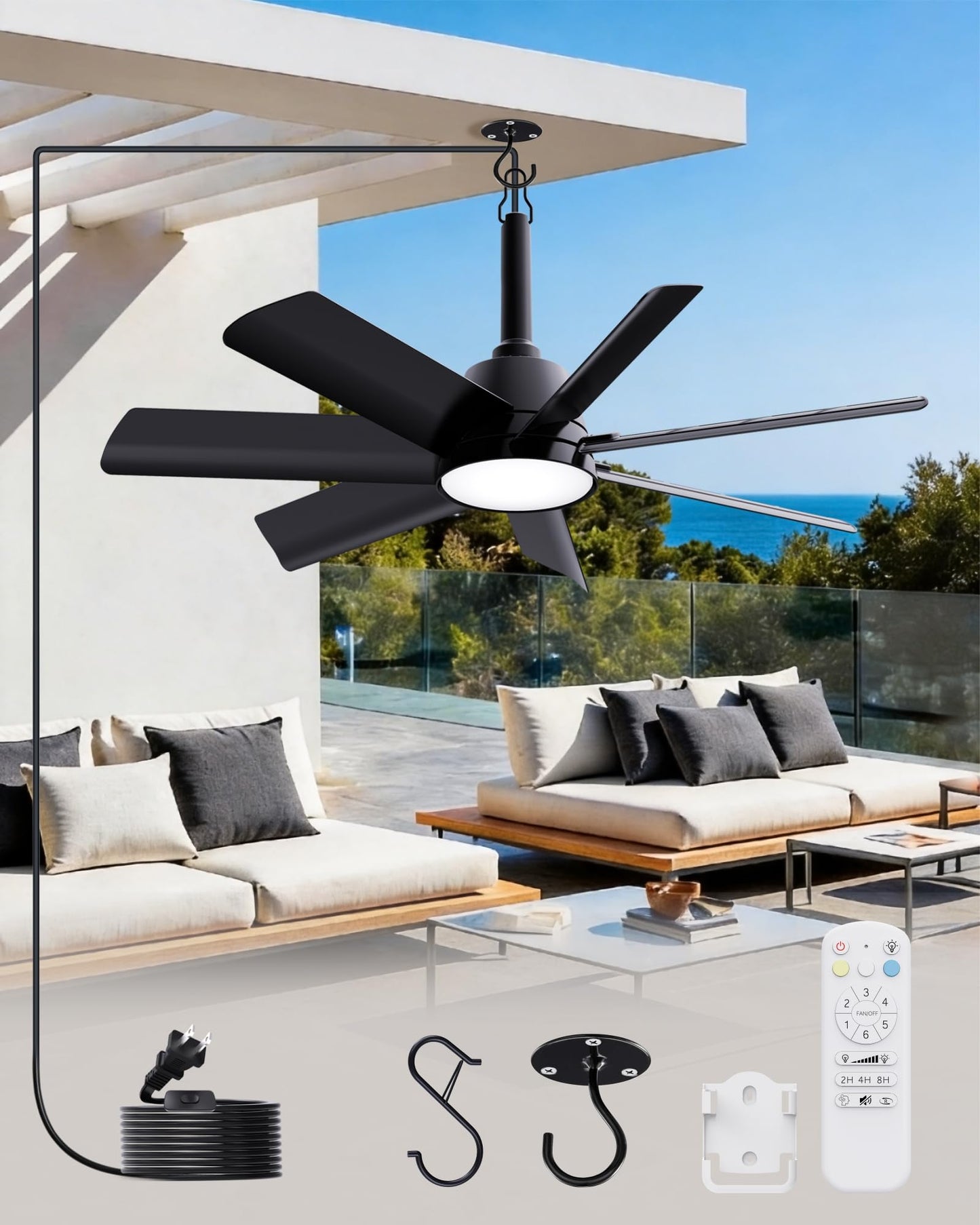 LANMEL 28 Inch Plug-In Outdoor Ceiling Fan with Light and Remote,IP65 Waterproof Hanging Fan Light with Hook,6 Speed,Reversible,3CCT,Dimmable,Portable Gazebo Fan for Patio,Canopy,Porch,Rv(Black)
