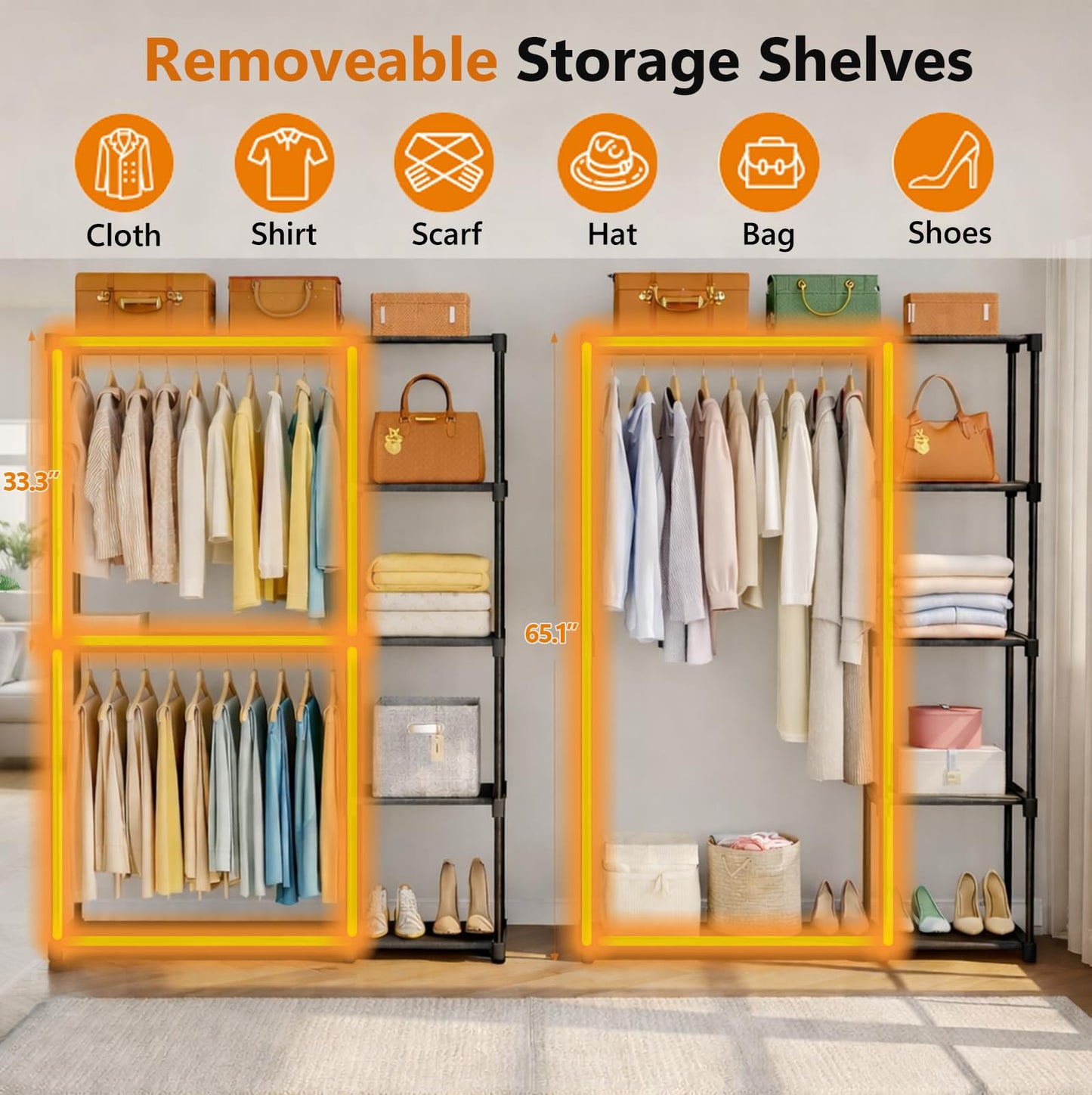 Simple Deluxe Clothes Rack, Heavy Duty Clothing Rack, 4-Shelf Portable Adjustable Wardrobe Closet with Hanging Rods, 43.8" W x 15.7" D x 64.9" H, Black