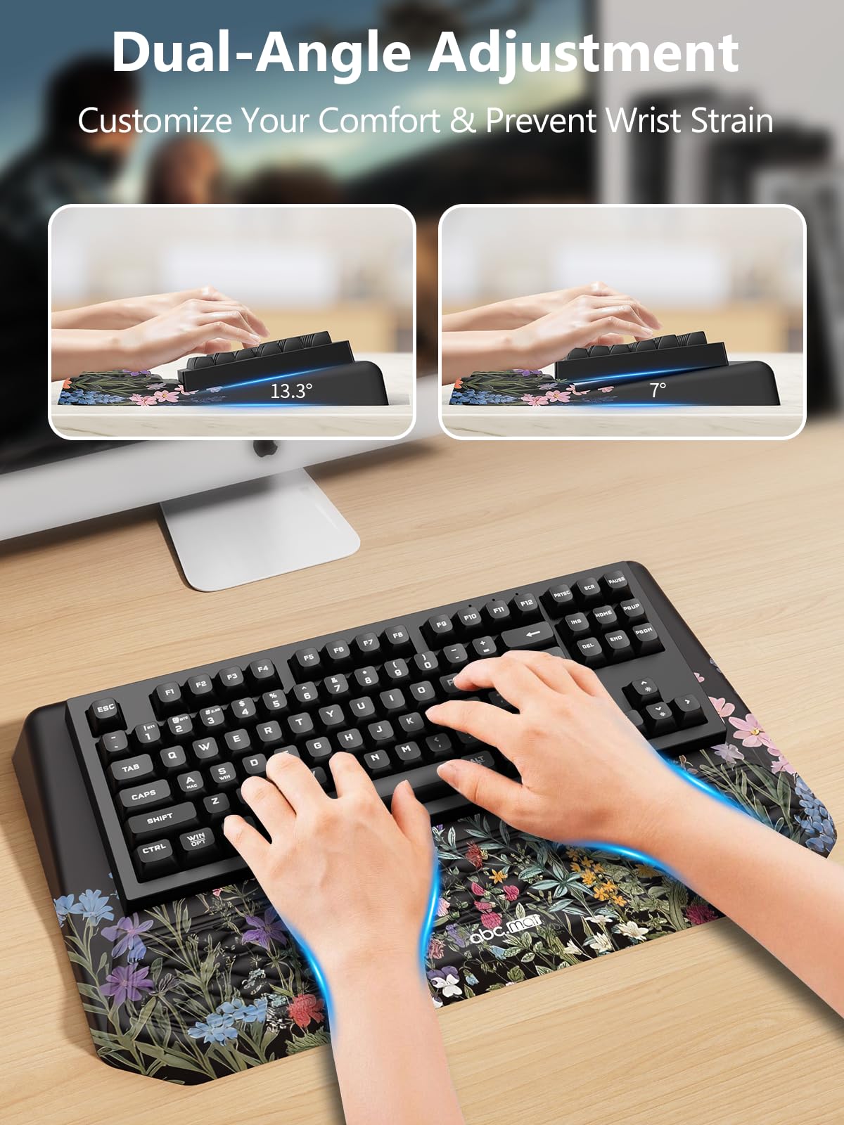 2-in-1 Ergonomic Keyboard Stand with Wrist Rest, Comfy Keyboard Riser Holder with Massage Design, Flower