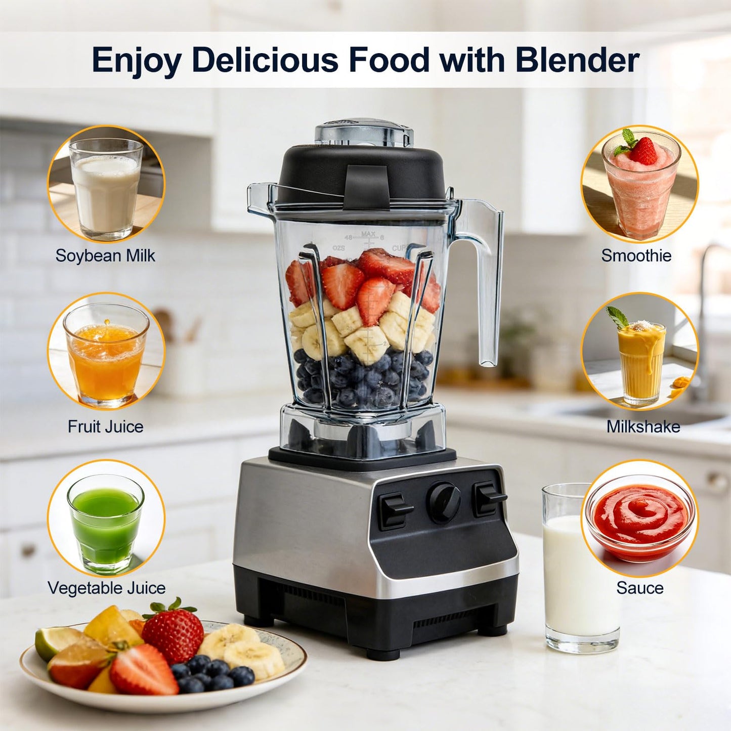 Blender Pitcher 48oz, Compatible with Vitamix 750 5300 5200 5000 7500 6300 Vm0102 Vm0103 Vm0197 E310, Venturist Laser-Cut Stainless Steel Blades BPA-Free Clear Jar