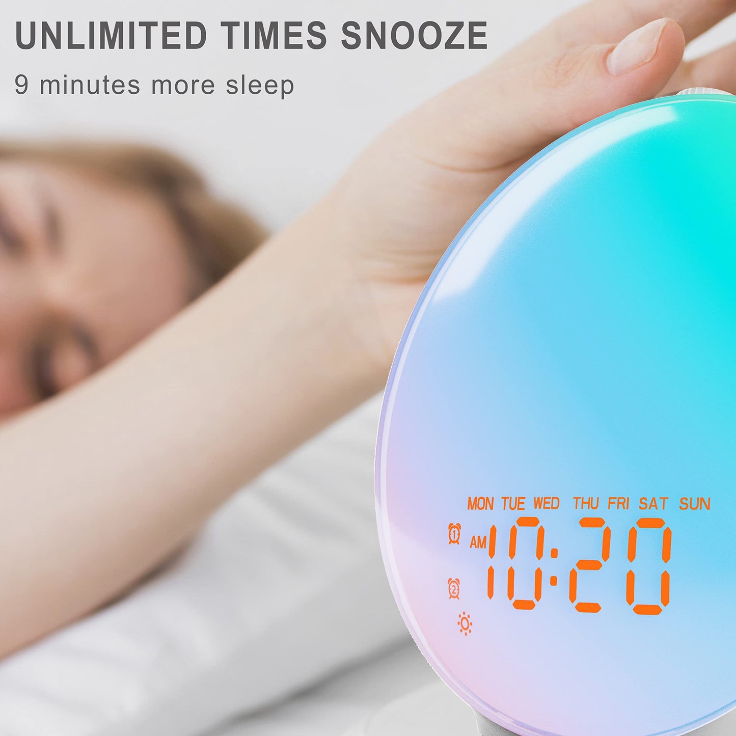 Wake Up Light Sunrise Alarm Clock for Bedroom, 17 Nihgtlights, Sound Machine with 5W Bluetooth Speaker, 25 Soothing Sounds, SleepTimer, Dual Alarms, FM Radio, Ideal Gift for Baby, Kids, Adults, Senior