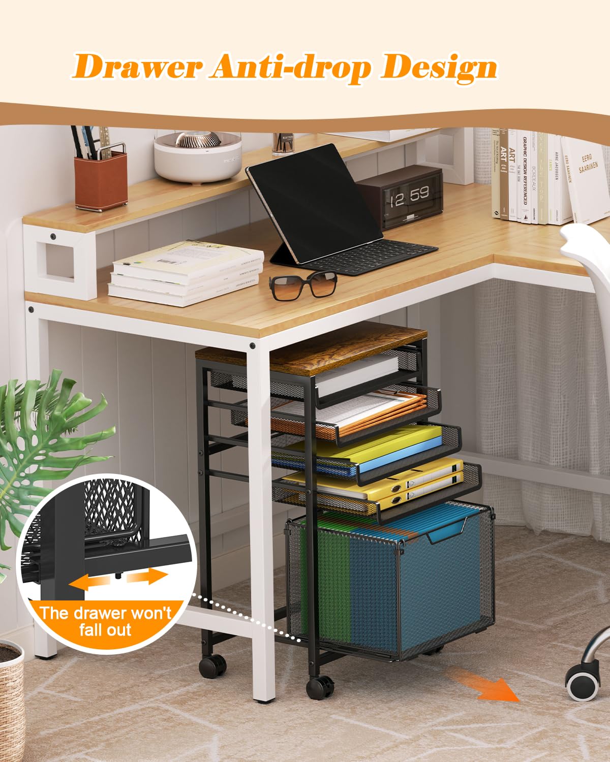 Rolling File Cart with Wheels, 5-Tier Under Desk Filing Cabinet for Letter-Size File Storage, Sliding Metal Mesh Trays & Printer Stand, Office Storage and Organization for Teachers, Home Office