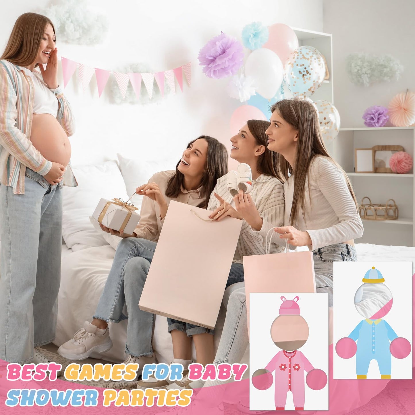 Fiwochic 6 Set Baby Shower Games Feed The Baby, Feed Me Games with 6 Pcs Kt Boards and 6 Pcs Eye Patches for Funny Shower Party Gender Reveal Activities Supplies(Gender-neutral,Multicolor)