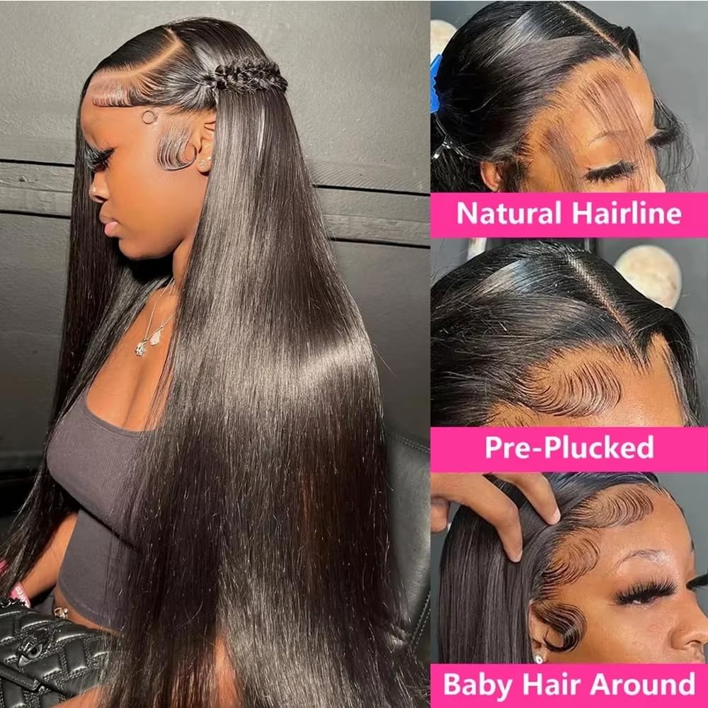 sdamey 360 Straight Lace Front Wigs Human Hair HD Transparant Full Lace Human Hair Wigs For Women 200 Density Wigs Human Hair Pre Plucked With Baby Hair 12A Brazilian Virgin Hair Natural Color 18inch
