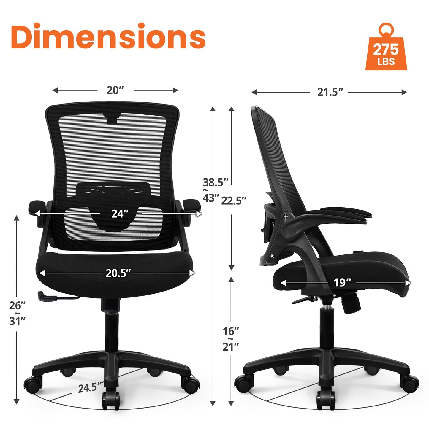 NEO CHAIR Office Desk Gaming Chair Computer High Back Mesh Seat with Rolling Wheels Ergonomic Adjustable Comfy Flip-up Armrests Lumbar Support Height for Home (Black)
