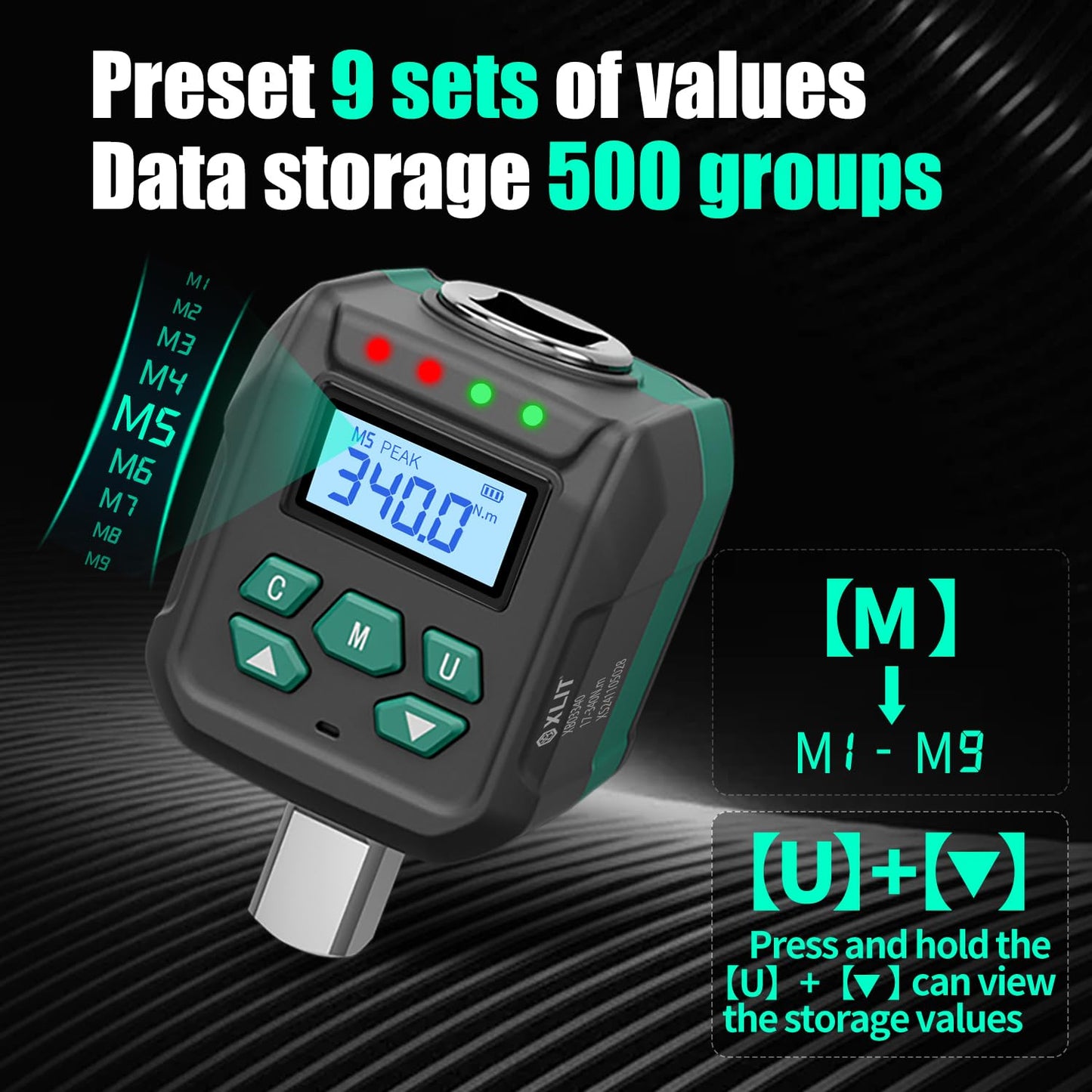 XLIT 1/2" Digital Torque Adapter Set, ±2% Accuracy, 12.5-250 ft-lb, Buzzer & LED Indicator, Date Logging with Preset - Electronic Torque Wrench Converter with 3/8", 1/4" Socket, Auto Repair