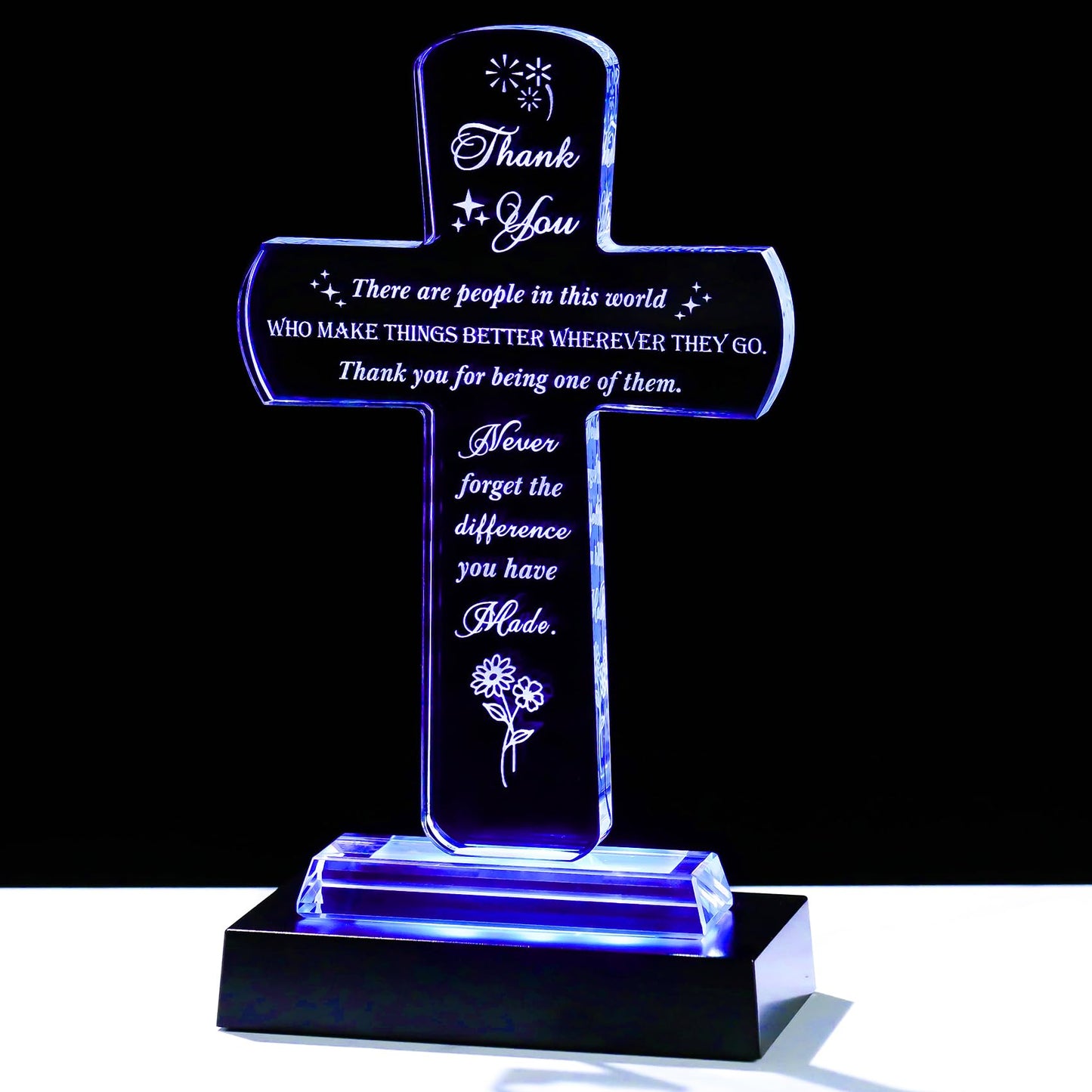 Movdyka Thank You Gifts for Women Men - Crystal Cross-Shaped Plaque with Light Base - Appreciation Inspirational Gift for Boss, Coworker, Teacher, Mentor, Mom, Friend, Doctor Grateful Present Ideas