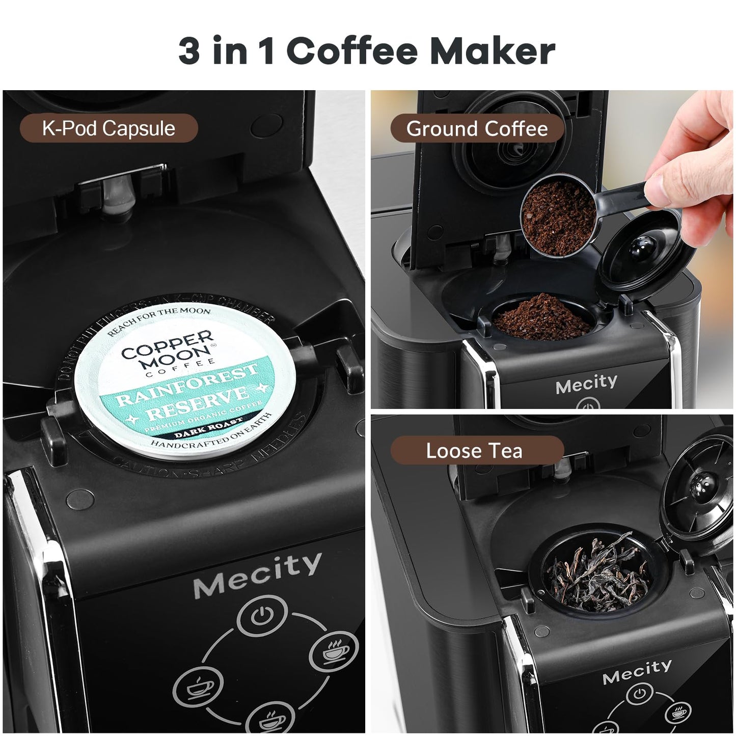 Mecity Coffee Maker 3 in 1 Single Serve Coffee Machine, Compatible with K cup Capsules, Instant Coffee Pot, Tea maker, 6,8,10 Oz Cup, Removable 50 Oz Water Reservoir, 120V 1150W, Dark Grey