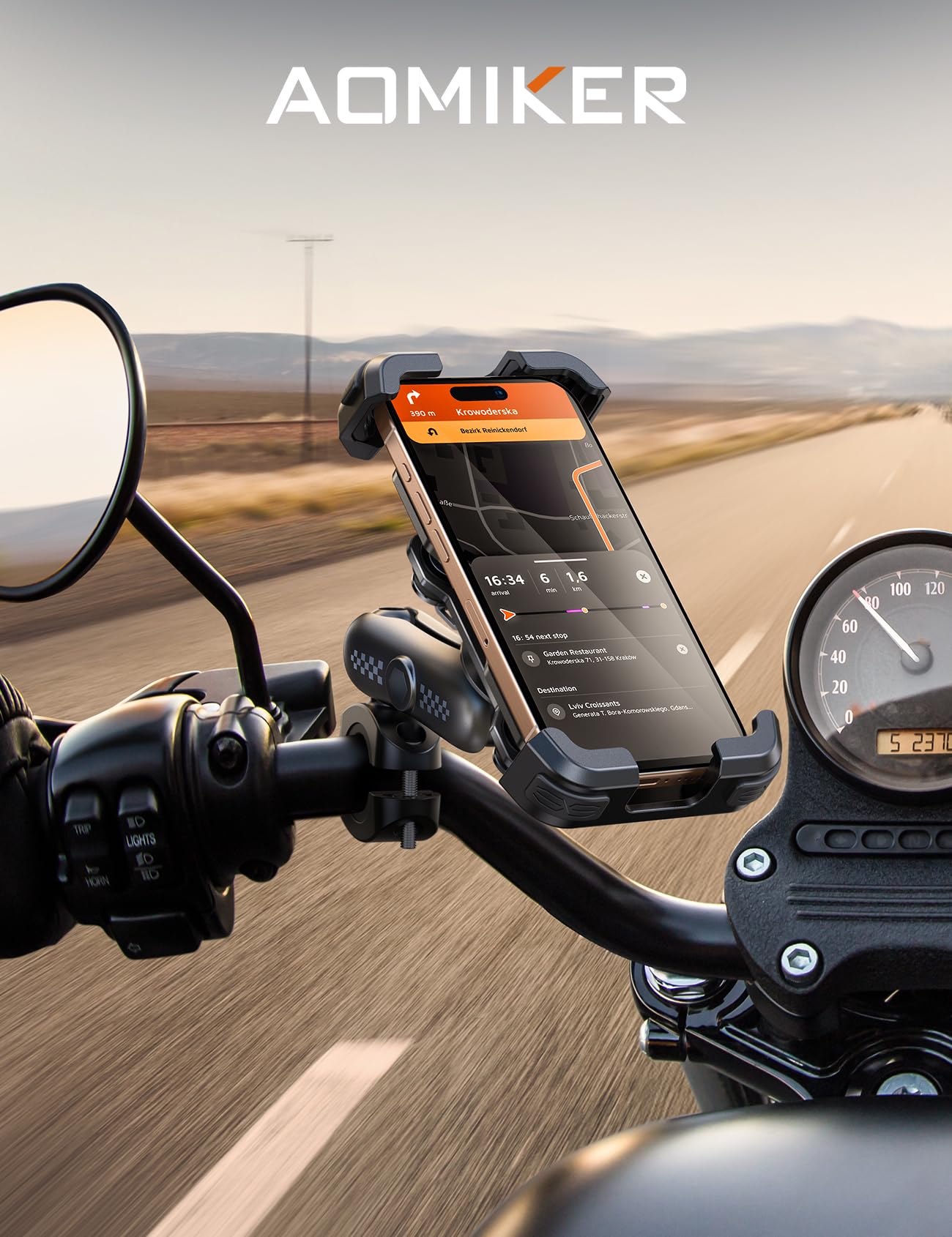 Aomiker Motorcycle Phone Mount Holder - [Metal Extension Arm] [Dual Vibration Dampener] Motorcycle Cell Phone Mount, Bike Phone Handlebar Clamp for iPhone 16 15 14 13 Pro Max Plus, 4.7-6.7" Smartphone