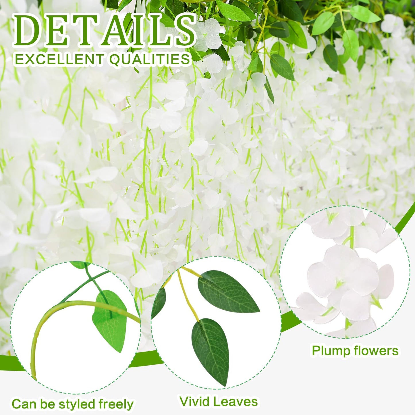 HLAONU 150 Branches Wisteria Hanging Flowers,10Pcs Total 60ft White Wisteria Artificial Flowers Garland Vine Silk Hanging Flowers for Wedding Party Arch Ceremony Garden Home Backdrop Decor