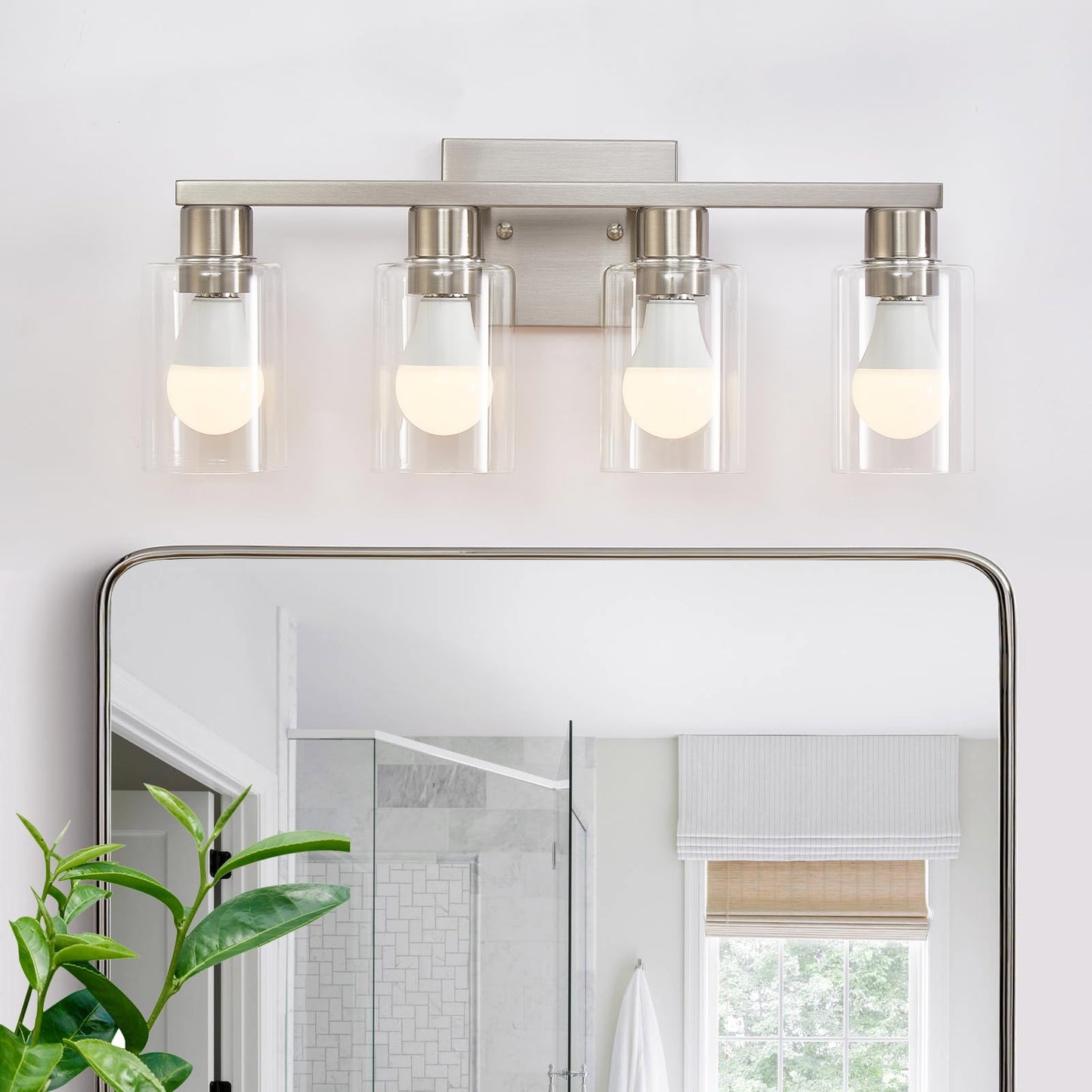 DIDUIO 4 Light Bathroom Vanity Light Brushed Nickel Vanity Lights for Bathroom Modern 4-Lights Wall Sconce with Clear Glass Shade for Bedroom Living Room