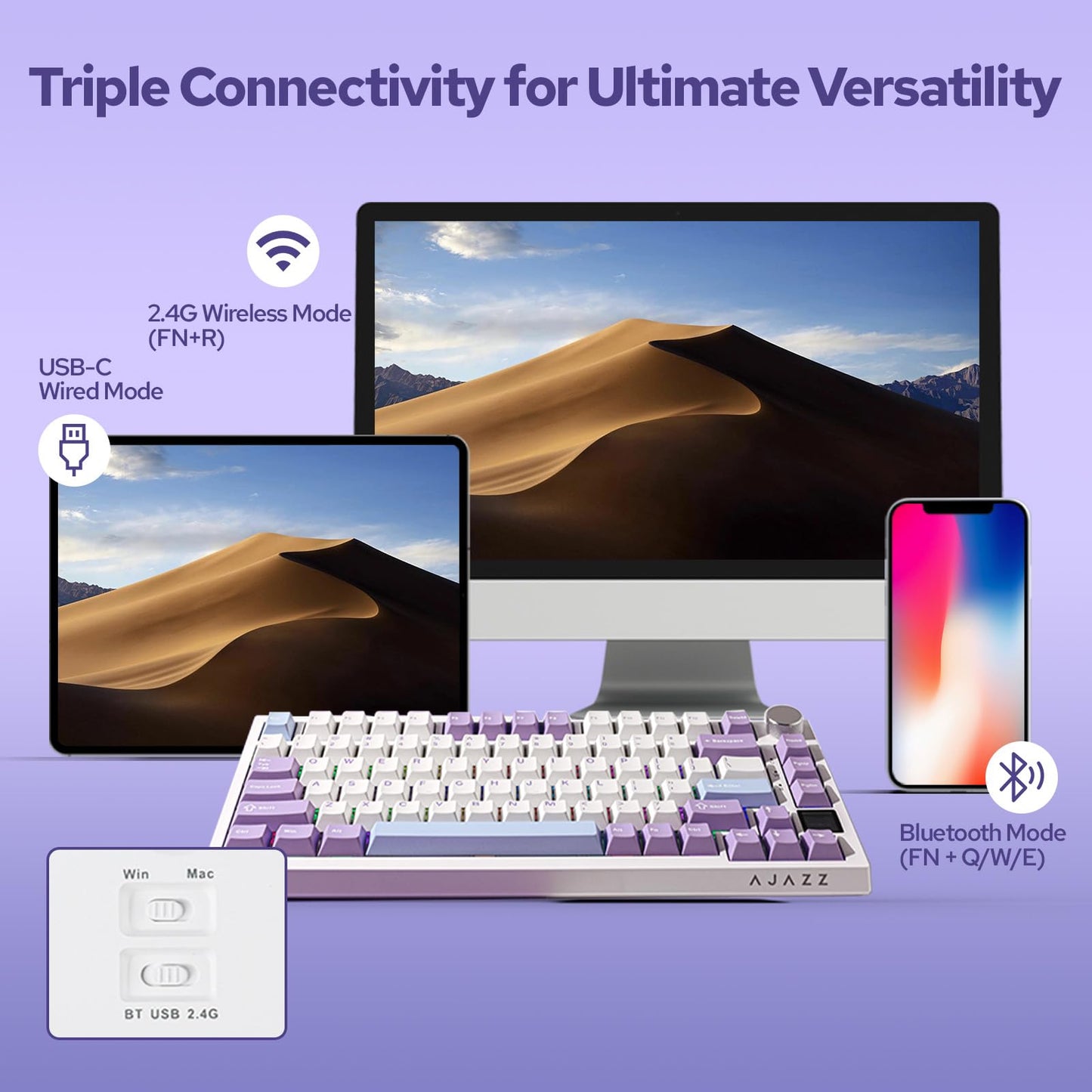 EPOMAKER Ajazz AK820 Pro 75% Mechanical Keyboard, Gasket-Mounted Gaming Keyboard with TFT Smart Display&Knob, Bluetooth 5.1/2.4G Wireless/Type-C Wired Custom Keyboard (Purple, Gift Switch)