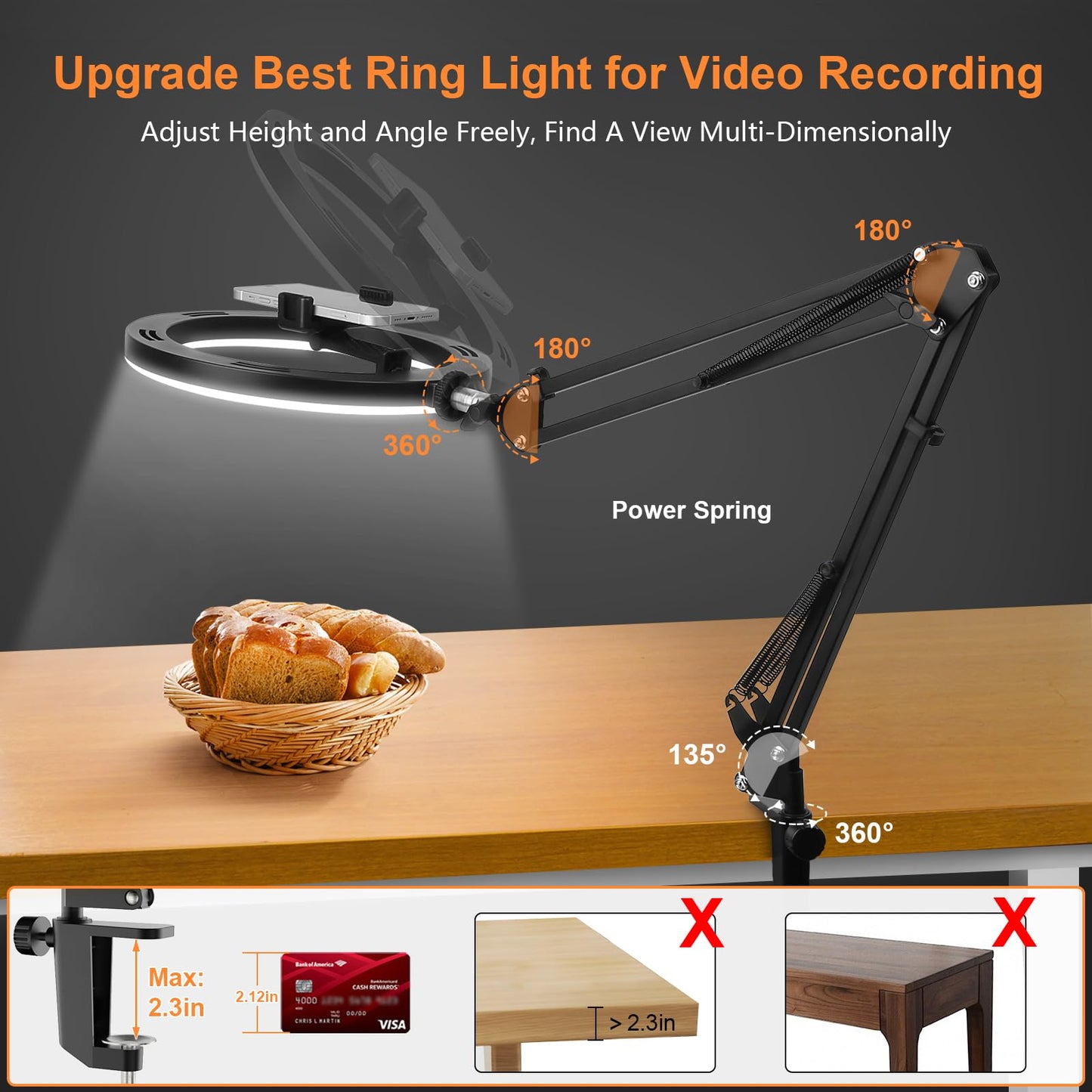 Upgrade Ring Light Overhead Phone Mount, Evershop Selfie Ring Light with Stand and Phone Holder,10”Circle LED Desk Ring Light with Clamp for Video Recording,Zoom Meeting,Live Streaming Tiktok,YouTube