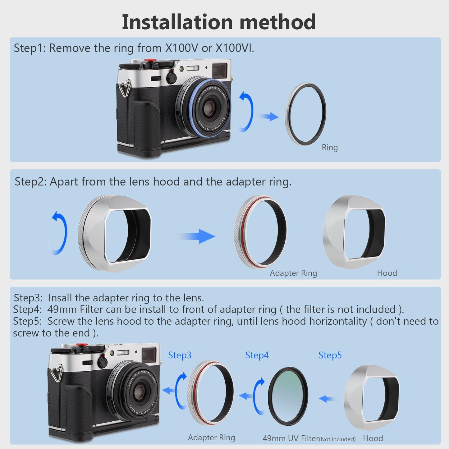 Haoge LH-X54W Square Metal Lens Hood with 49mm Adapter Ring for Fujifilm X100VI Fuji X100V Camera Silver