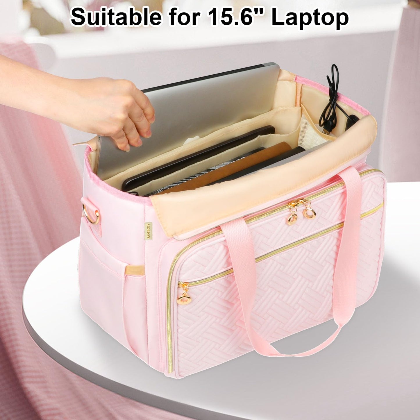 Sambois Teacher Tote Bag with Accordion File Organizer Pocket, Soft Nylon Utility Bag with 15.6 inch Laptop Compartment & USB Port, Large Work Tote Bag for Office Supplies Women (Pink)
