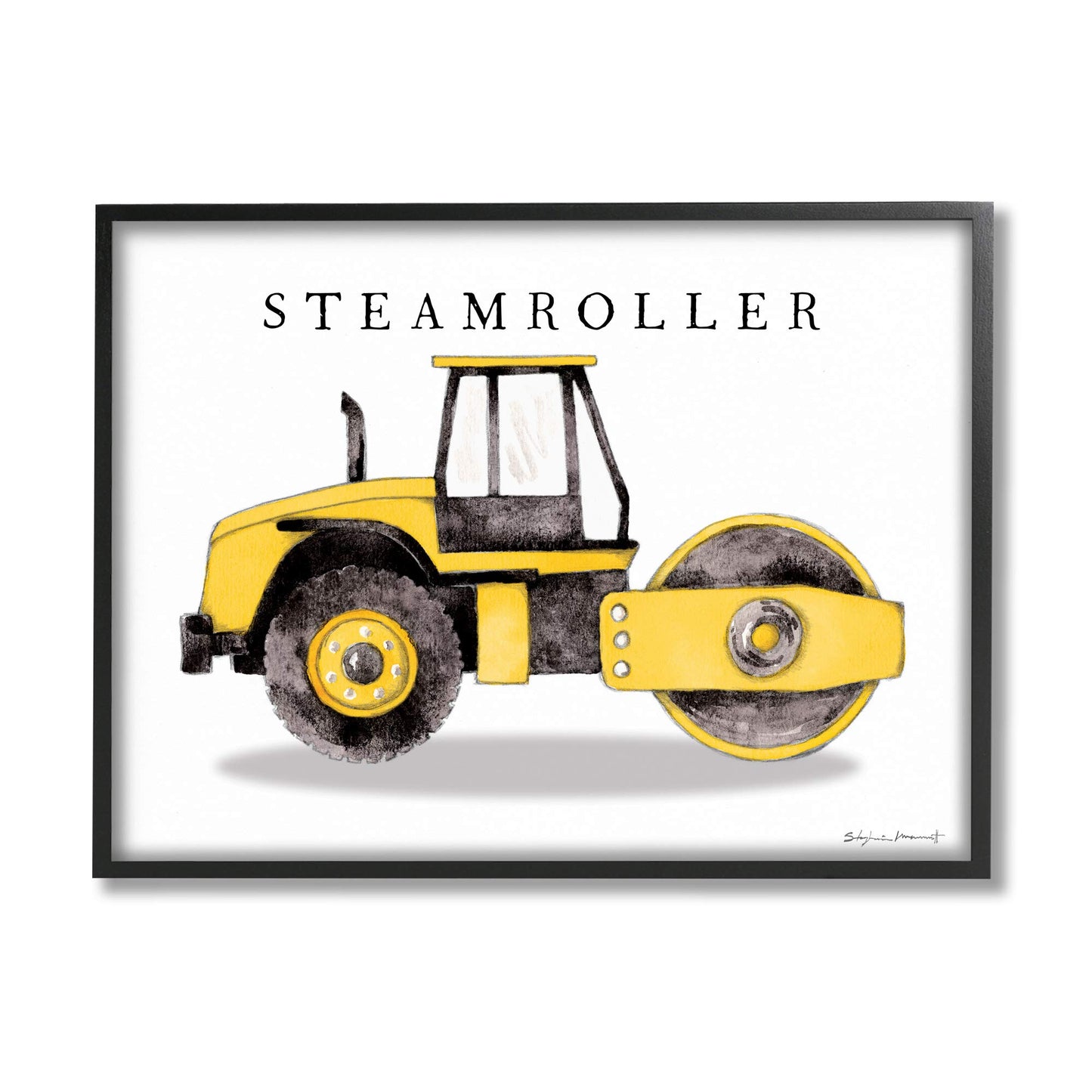 Stupell Industries Yellow Steam Roller Traditional Construction Truck, Designed by Stephanie Workman Marrott Black Framed Wall Art, 11 x 14, Off-White