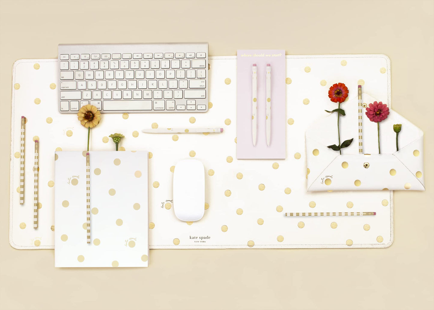 Kate Spade New York Decorative Desk Pad, Vegan Leather Keyboard and Mouse Pad for Desktop, Gold Dot with Script