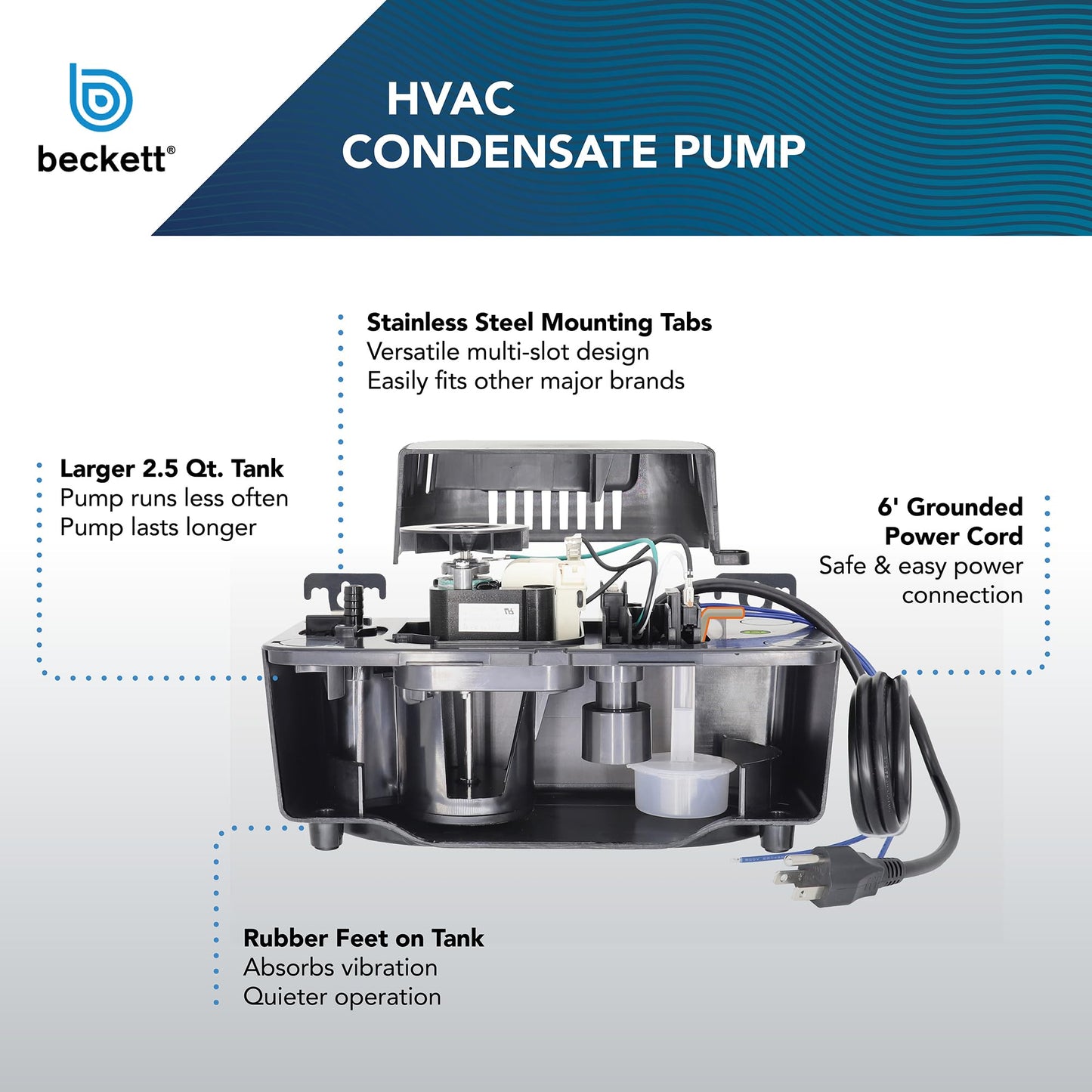 Beckett BK171UL Condensate Pump with Safety Switch, 115V, 17 ft Max Lift, 112 GPH, Automatic On/Off Operation, Black