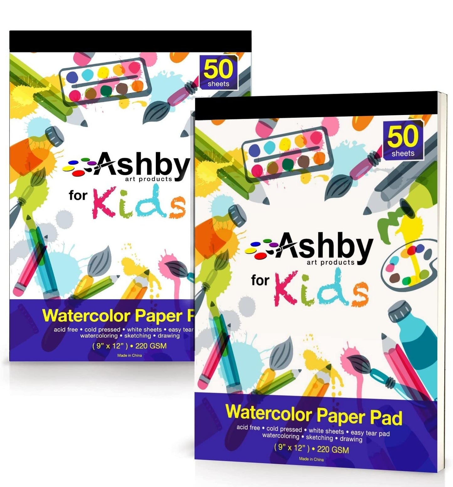 Ashby for Kids - Premium Quality Watercolor, Drawing, Finger Paint and Sketch Paper (220 GSM) - Each Pad Contains 50 Glue Bound Sheets for Easy Removal (2 Pads (100 Sheets) - Natural White)