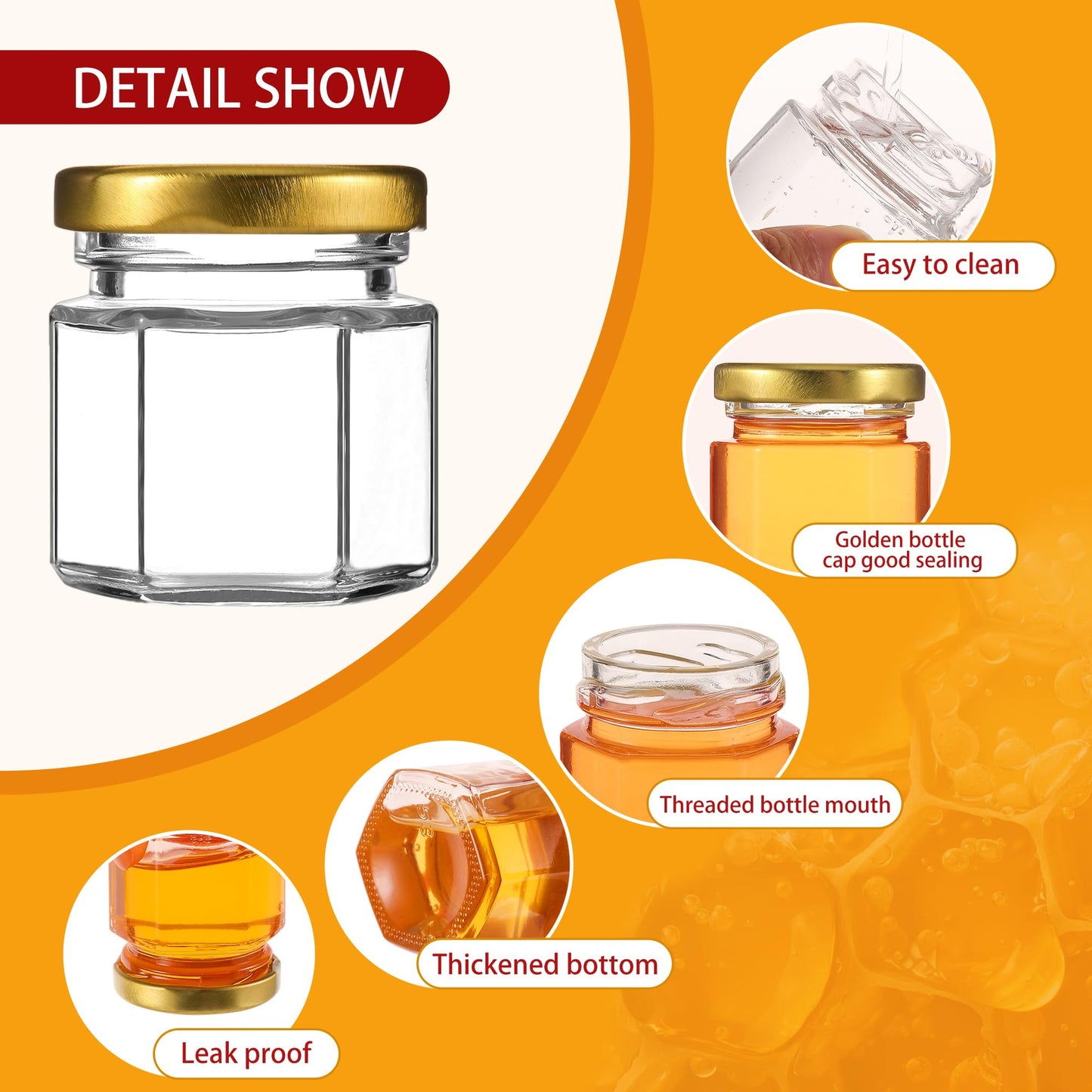 60 Pack Mini Glass Honey Jars Party Favors,1.5 oz Small Hexagon Glass Honey Jars with Dippers,Lids,Gold Bags,Bee Charms,Thank You Cards,Jute,Cute Stickers for Baby Shower Favors,Wedding party gift