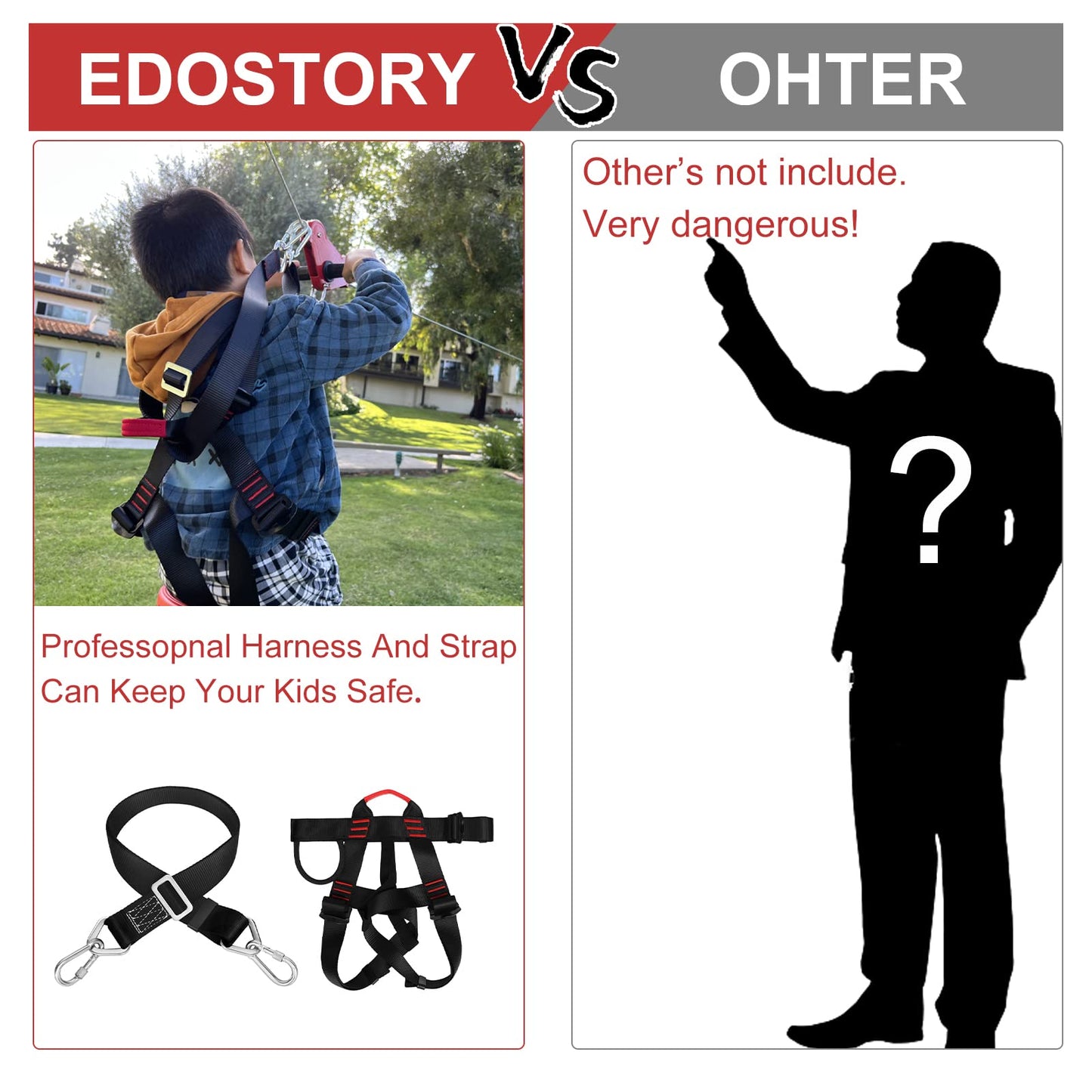 EDOSTORY 98 Feet Backyard Zip Line Kit for Kids and Adult Up Outdoor to 330lb with Stainless Steel Ziplines Spring Brake and Safety Harness, Christmas and Birthday Gifts for Kids(Red)