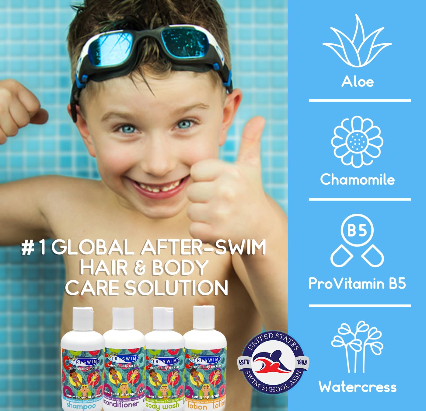 TRISWIM Kids After Swim Value Pack of 4 Travel Mesh Bag + Swim Care Chlorine Removal Body Wash + Swimming Lotion + Swim Shampoo and Conditioner 8.5 fl oz Keep your Little Swimmers Clean and Healthy
