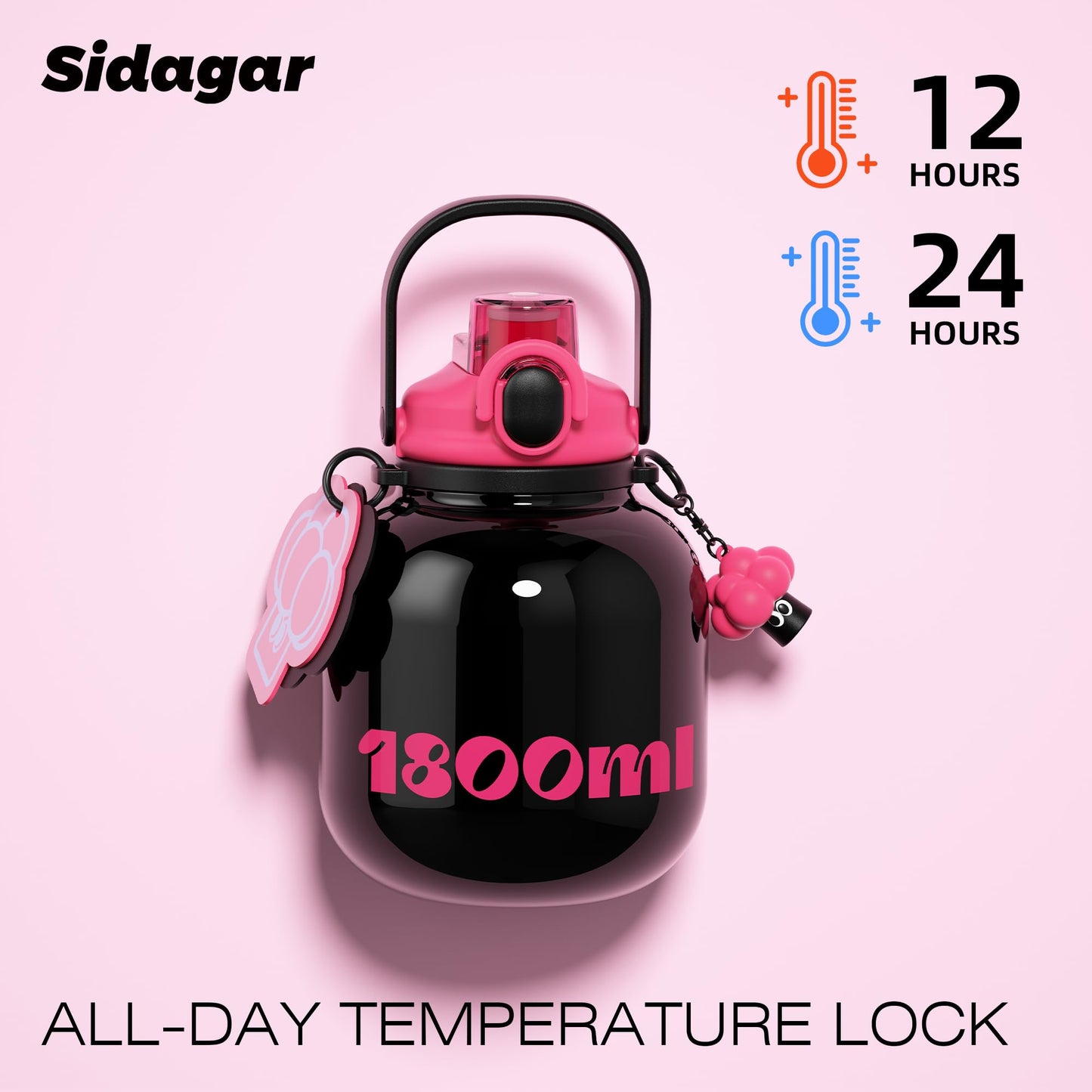 Sidagar 60 oz Big Gallon Water Bottle with Straw and Carry Handle, Black Wide Mouth Vacuum Water Jug, Insulated Stainless Steel Bottles; Heavy-Duty Aesthetic Yoga Flask for Women, Sweet & Cool Black