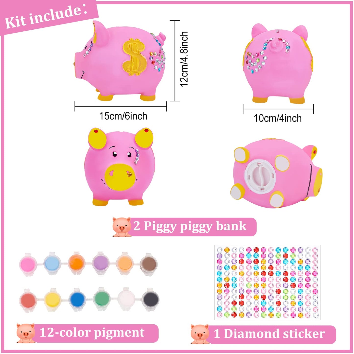 WEBEEDY Paint 2 Unbreakable Piggy Banks Money Box Craft Kit with 2 Paintbrushes, 12 Paint Colors and Stickers