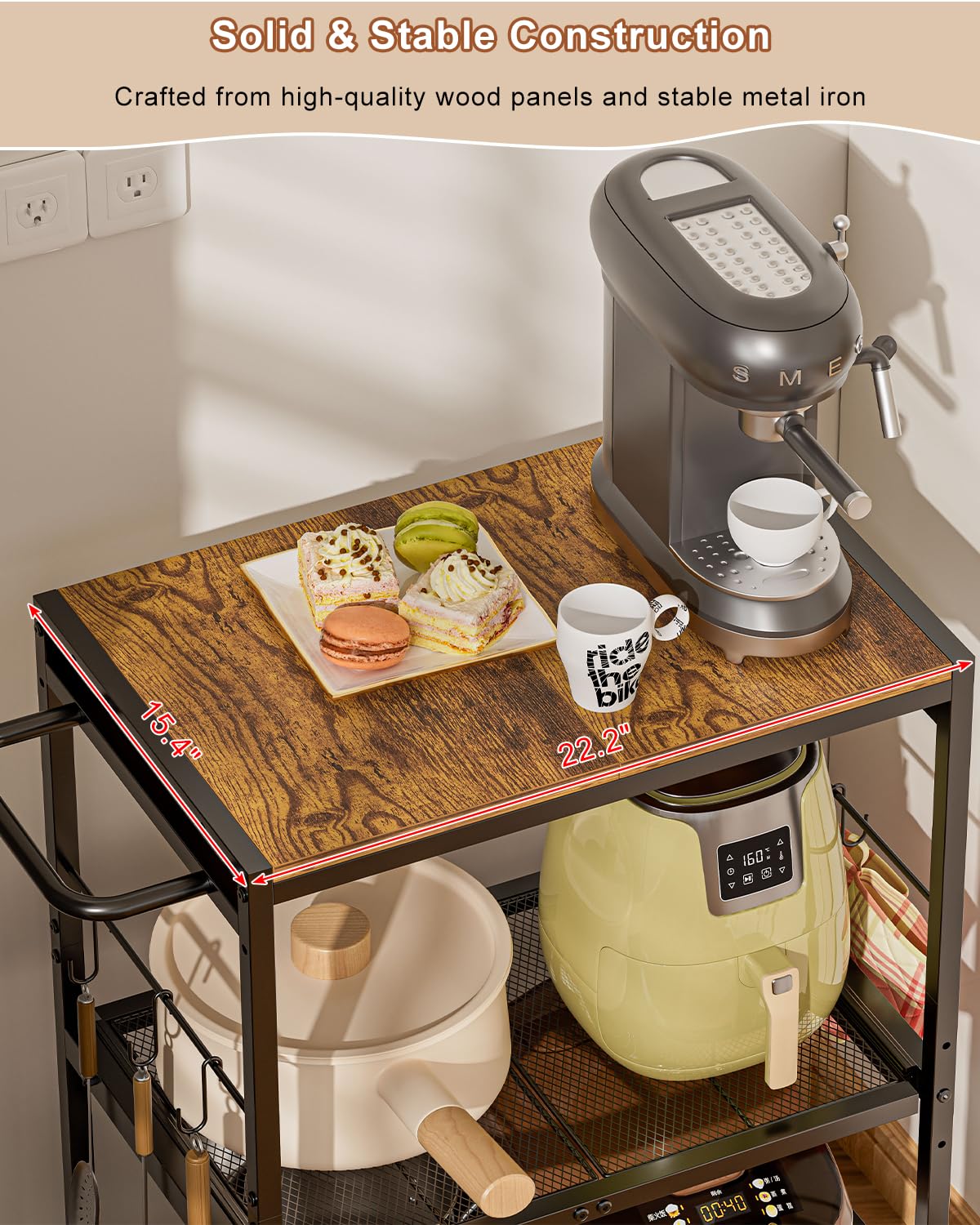 3-Tier Microwave Cart with Adjustable Shelves, Rolling Kitchen Cart with Push Handle & Smooth Slider Shelf, Small Utility Stand with Storage for Small Space Kitchen, Waterproof & Hardwood Floor Safe