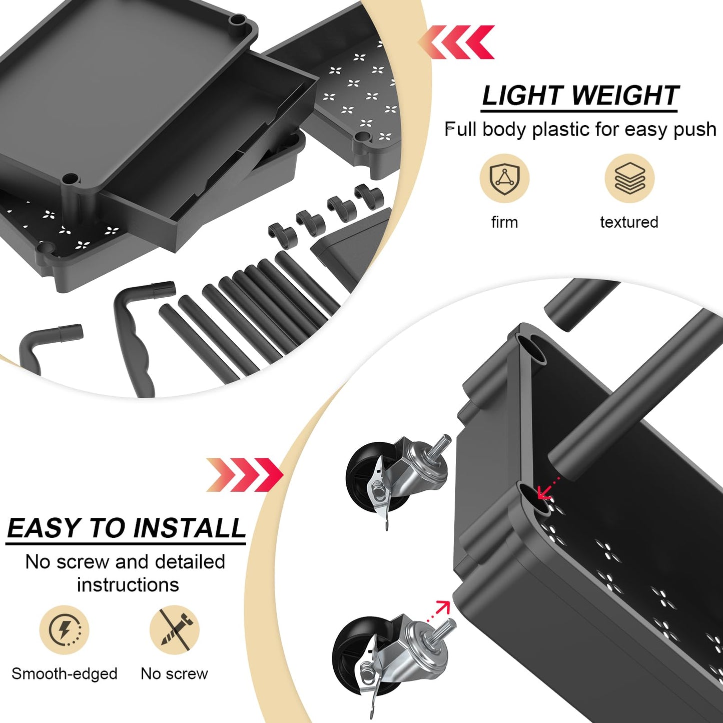 Goovilla 4 Tier Rolling Utility Cart Organizer with Removable Drawer, Stable and Sturdy Black Rolling Storage Carts with 2 Lockable Wheels for Bathroom, Kitchen, Snack, Craft, Makeup, Baby Essentials
