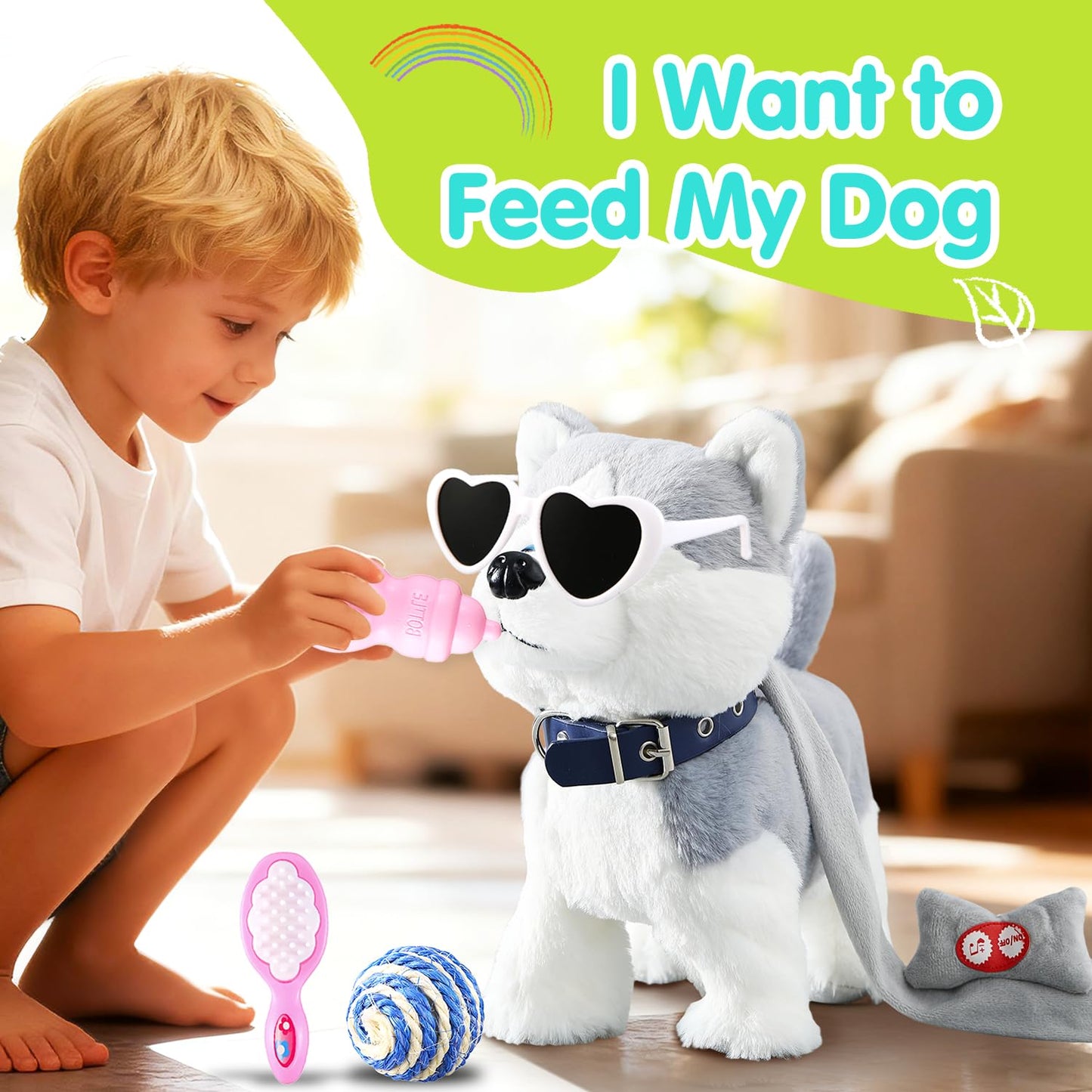 Husky Walking Dog Barking Toy, Musical Singing Dancing Dog, Volume Control Interactive Puppy Walk Along with Leash, Wagging Tail Shaking Head, Robot Dog Plush Stuffed Animal Puppy