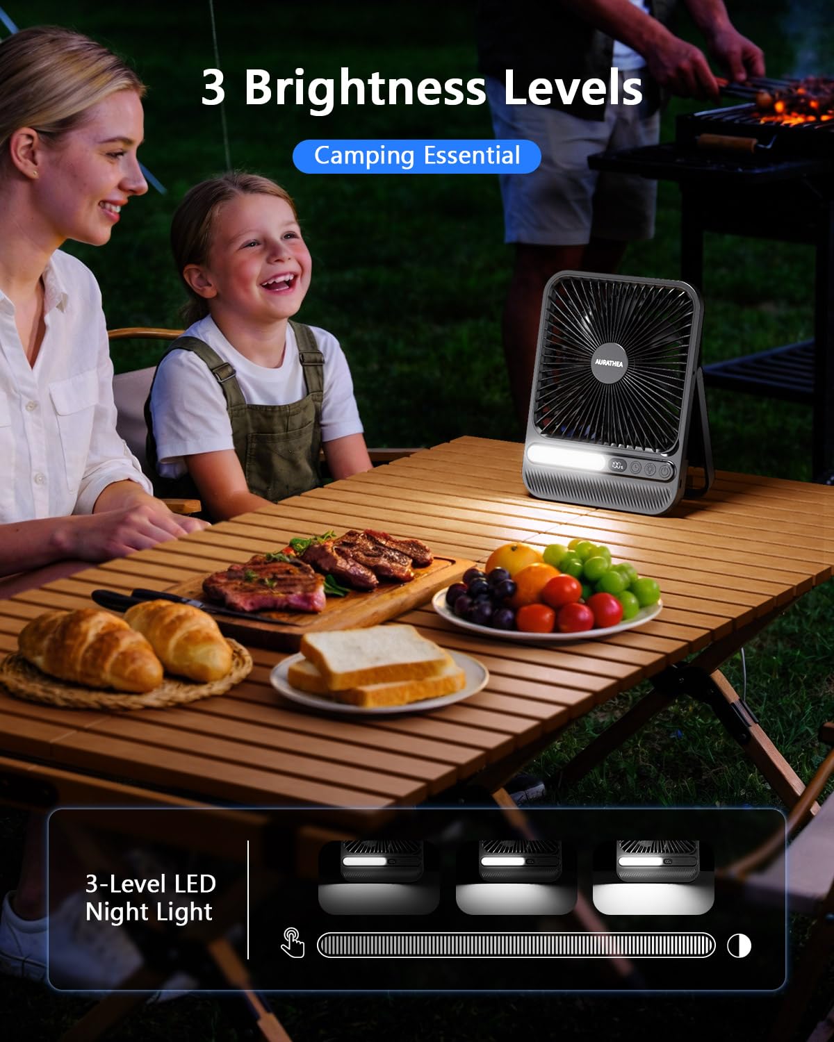 AURATHEA 10000mAh Travel Fan, 7“ Portable Desk Fan, Ultra-thin Rechargeable Camping Fan with LED Light, Display, Timer for Camping, Office, Bedroom, Outdoor, Cruise Ship Essentials