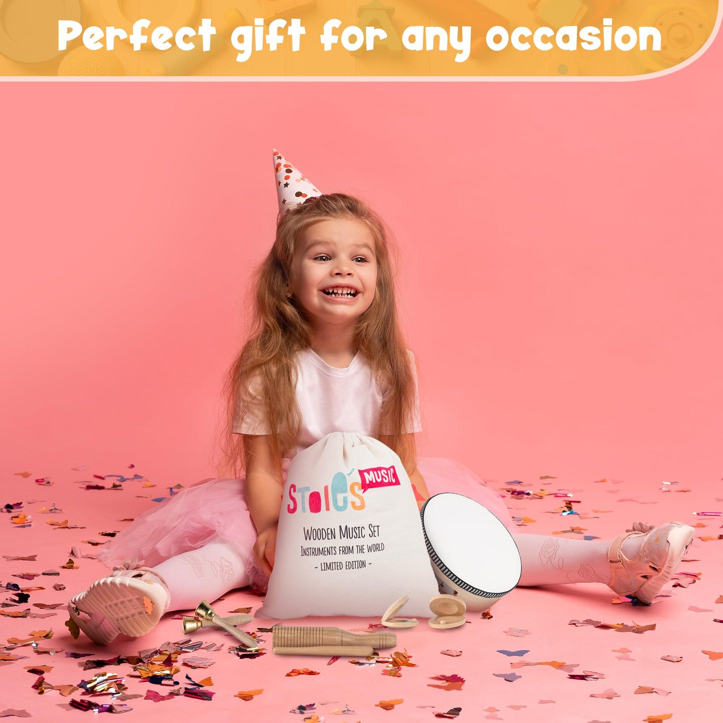 Stoie's Wooden Toddler Musical Instruments with Drum, Flute, Hand Bells, Cymbals, Castanets, Triangle, for Babies and Toddlers, Eco Friendly Montessori Educational Toy