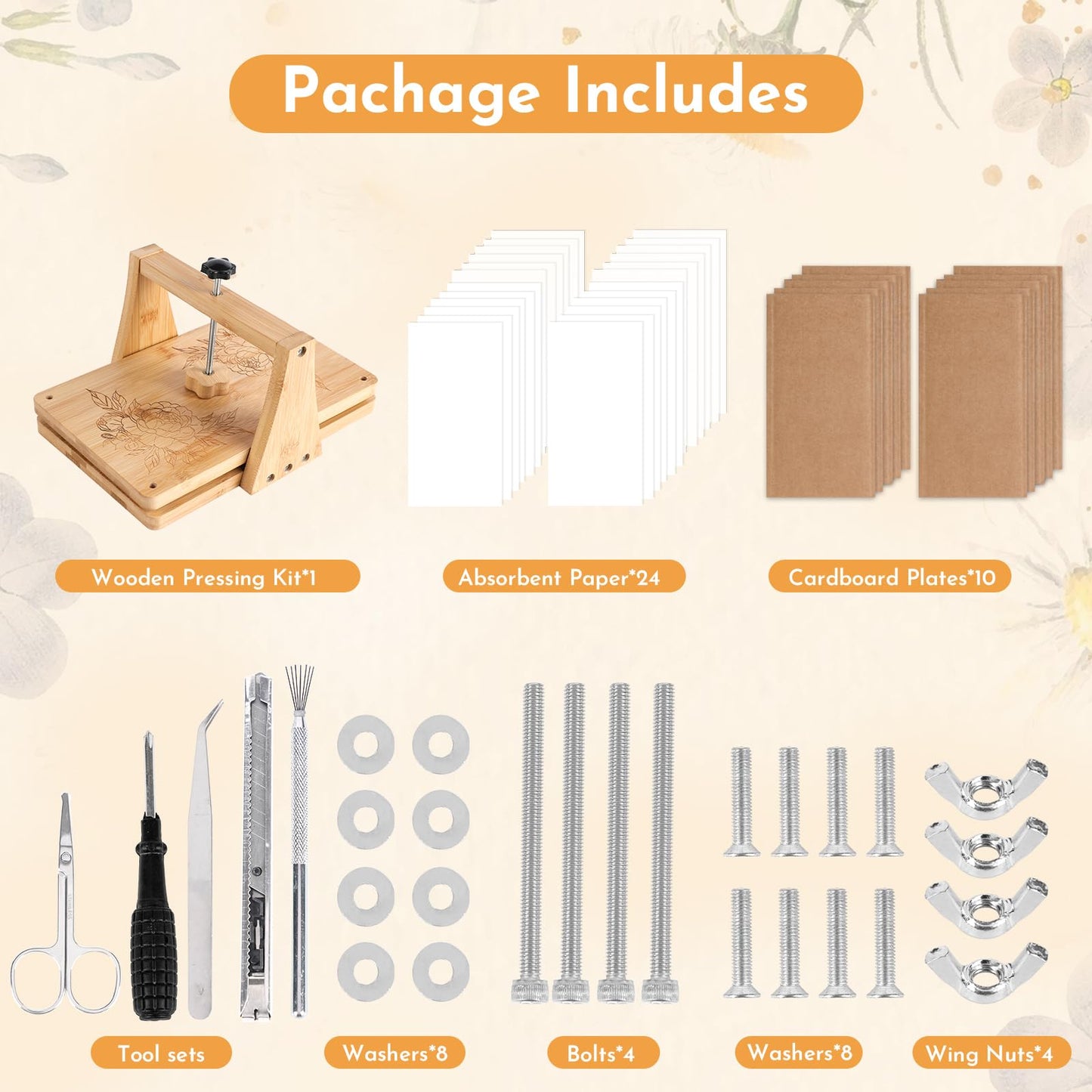 NIUGRECF 1Set Large Wooden Flower Press Kit - Even Pressure Flowers Pressed DIY Arts Set for Making Dried Flower/Plant（11in*7in）