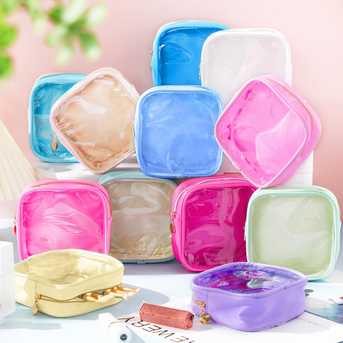 Kacctyen 12 Pcs Mini Makeup Bag Nylon Small Pouch for Purse Mini Square Nylon Pouch with Zipper Small Cosmetic Travel Makeup Bag Purse Organizer for Women(Elegant Color,Translucent)