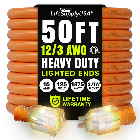 50ft Outdoor/Indoor Extension Cord 12/3 Gauge Extra Heavy Duty 3 Prong SJTW, Waterproof, ETL Listed, Flexible Cold-Resistant Long Power Cord,125 Amp 1875W, Orange by LifeSupplyUSA